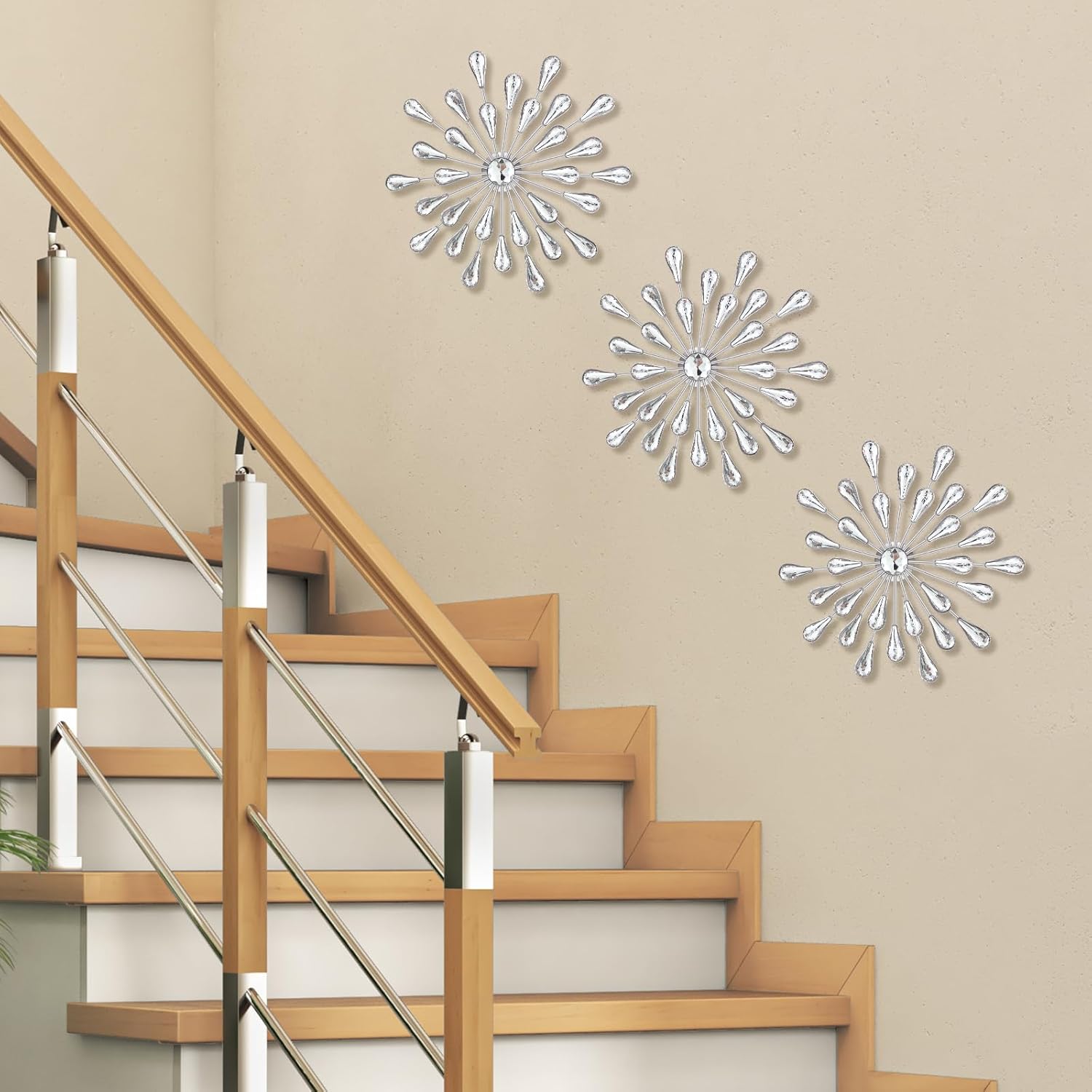 Barydat 6 Pcs Silver Starburst Wall Decor Bling Shiny Sunburst Wall Art Metal Jeweled Crystal Rhinestones Waterdrop Decor Diamond Hanging Modern Accents for Home Living Room Entryway Bedroom, 7 Inch