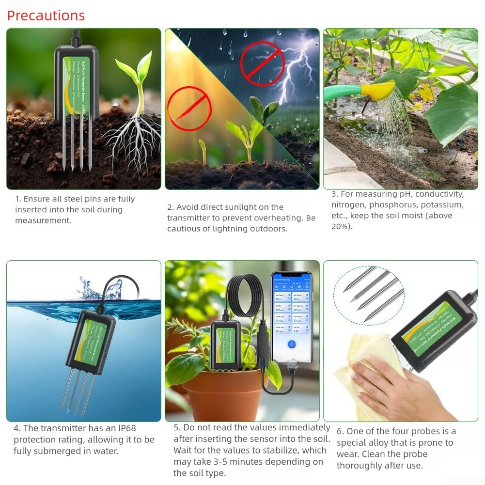 Analyseur de sol USB de mesure NPK, pH, humidité, température, salinité et conductivité, sonde en acier inoxydable IP68, surveillance des données pour application mobile