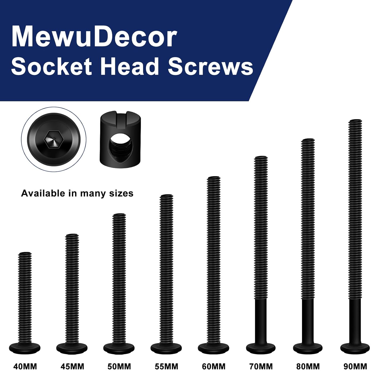 MewuDecor M8 x 110mm Black Flat Head Socket Head Screw Furniture Bolts and Barrel Nuts, with Allen Wrench Perfect for Furniture, 10 Sets