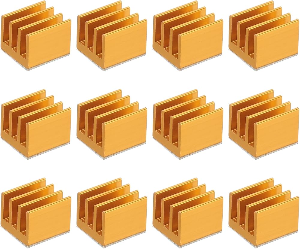 PATIKIL 방열판 7x7x6mm, 알루미늄 쿨러 라디에이터 방열판 12개, 써멀 블루 스티커 포함, 라즈베리 파이 칩 CPU 파워 트랜지스터 FET IC 파워 앰프용, 골드 — 사진 1