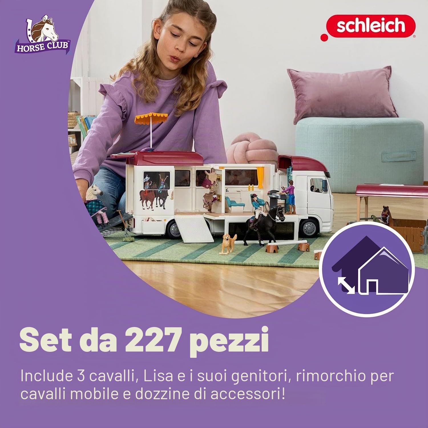 Schleich HORSE CLUB | Trasportatore di cavalli 42619 | dai 5 anni | con box, 3 cavalli, Lisa, i suoi genitori e accessori | regalo per bambine e bambini | giocattolo con cavalli dai 5 anni | se