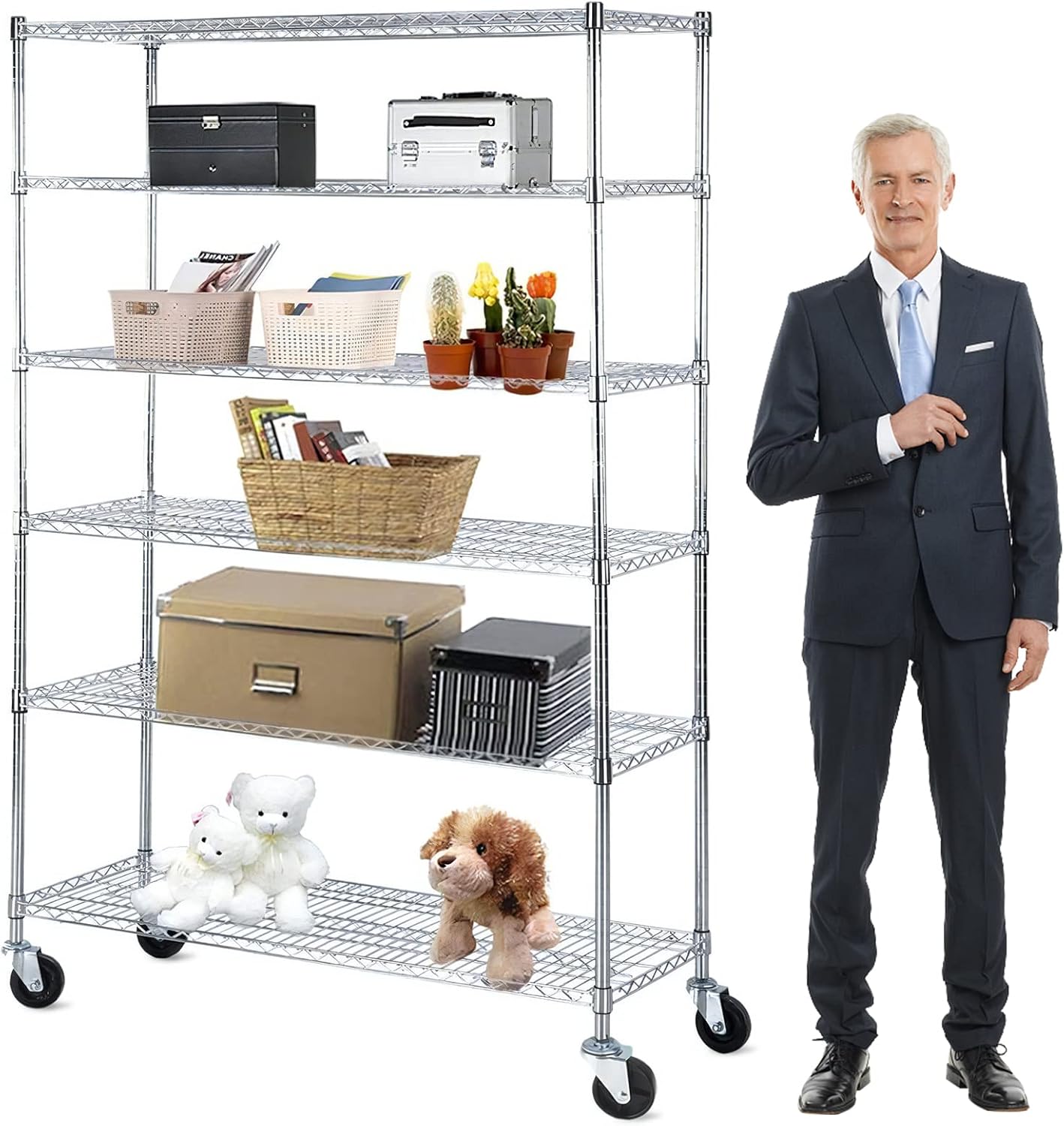 5-Tier Storage Shelves Heavy Duty (750LBS Capacity) for Storage Kitchen Garage, Industrial Commercial-Grade Wire Rack Shelving with Wheels, Height Adjustable Organizer Rack for Pantry