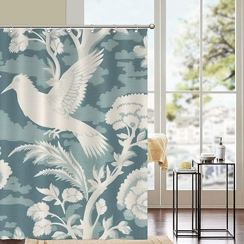 Miniatura 105 de Cortinas de ducha de baño con ganchos, 72 x 92 pulgadas, cortina de ducha de tela impermeable con diseño de flores y pájaros, cortina de ducha