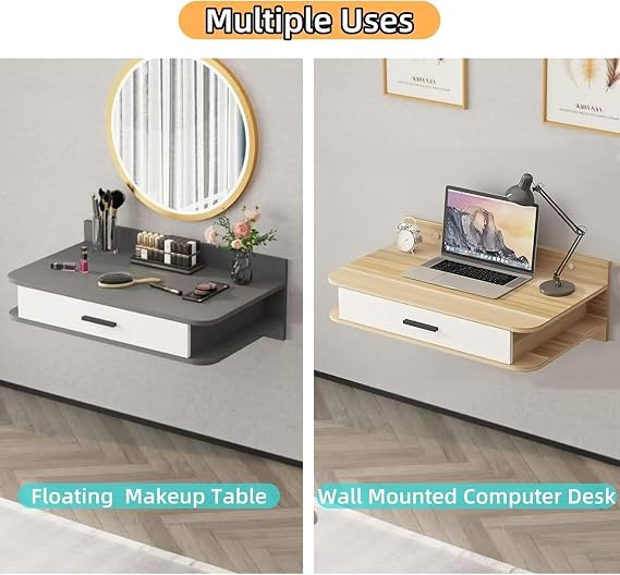 Floating Dressing Table Modern Adjustable Height Wall Mounted Computer Table with Drawers Rounded Corners for Small Spaces Interior