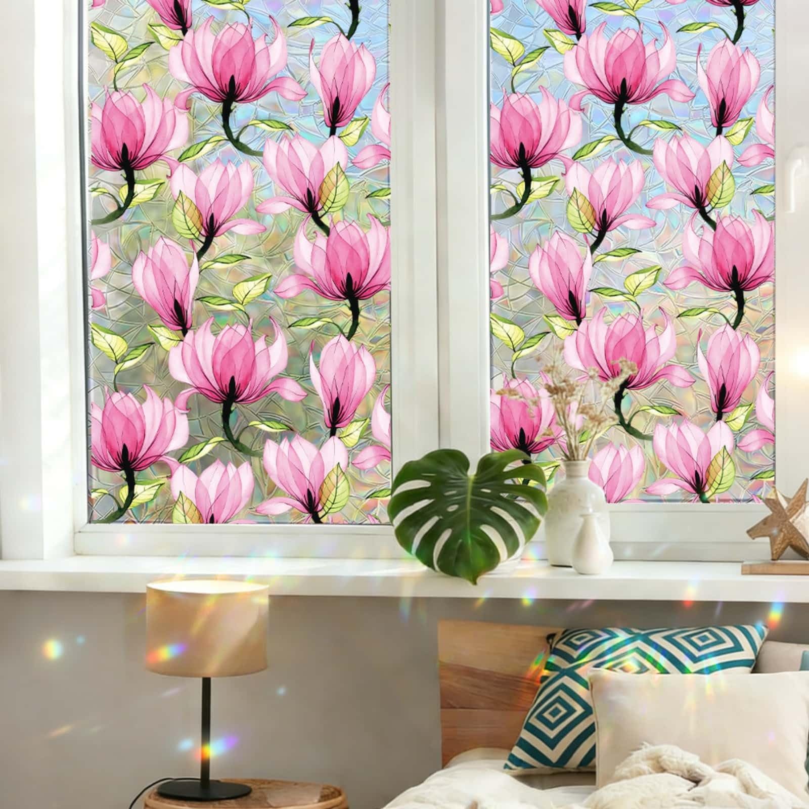 Window Film Privacy 43x100cm Plant Pink Privacy Film for Glass Windows Office Kitchen Living Room Bathroom Opaque Reusable Window Stickers for Glass
