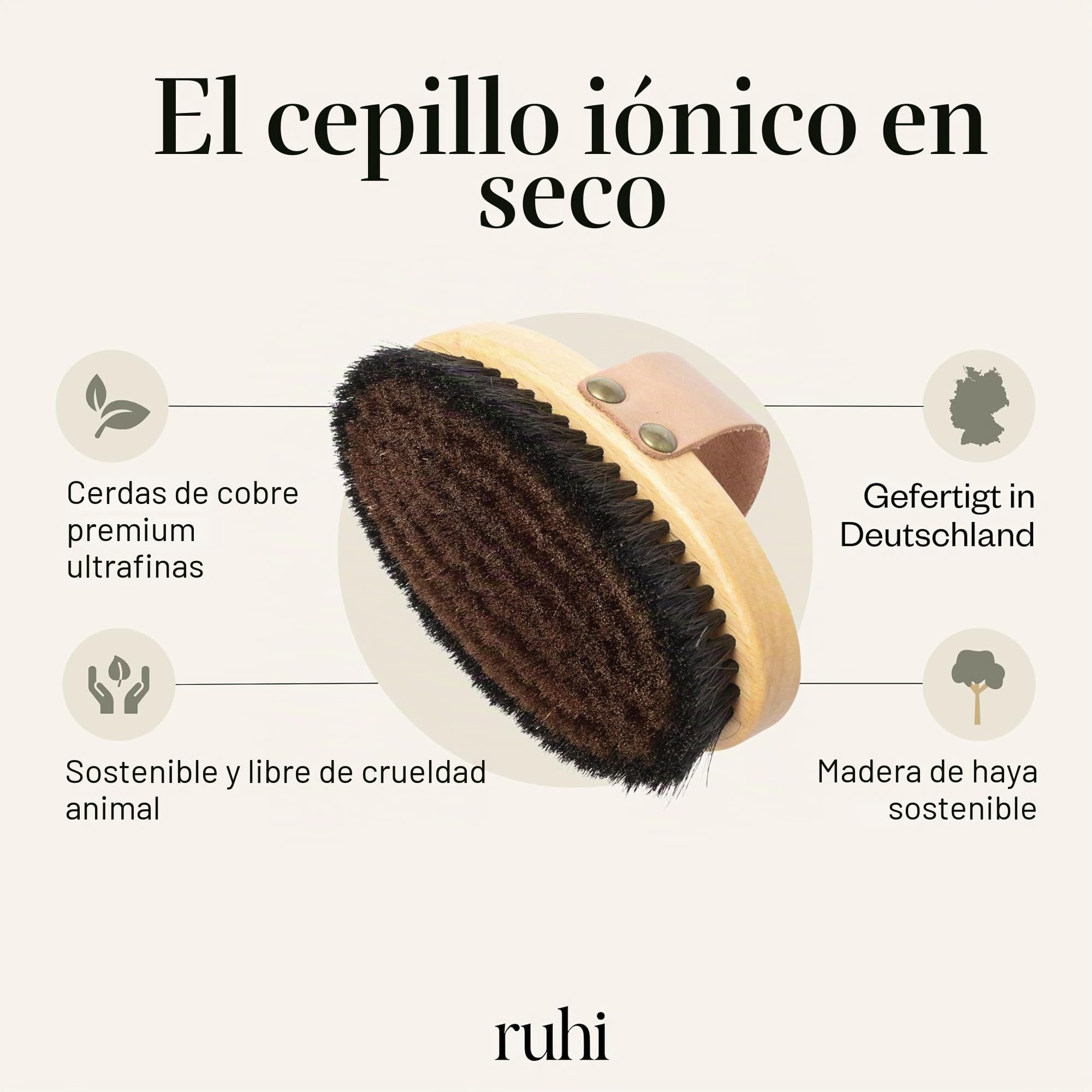 ruhi® - Cepillo para monasterio (cepillo de cobre para masaje en seco, cerdas 100% naturales, fabricado en madera de haya con certificación FSC)