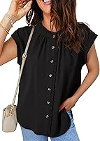 Dokotoo Women's Summer Ruffle Crewneck Short Sleeve Boho Chiffon Blouse Button Down Shirt Loose Fit Tops