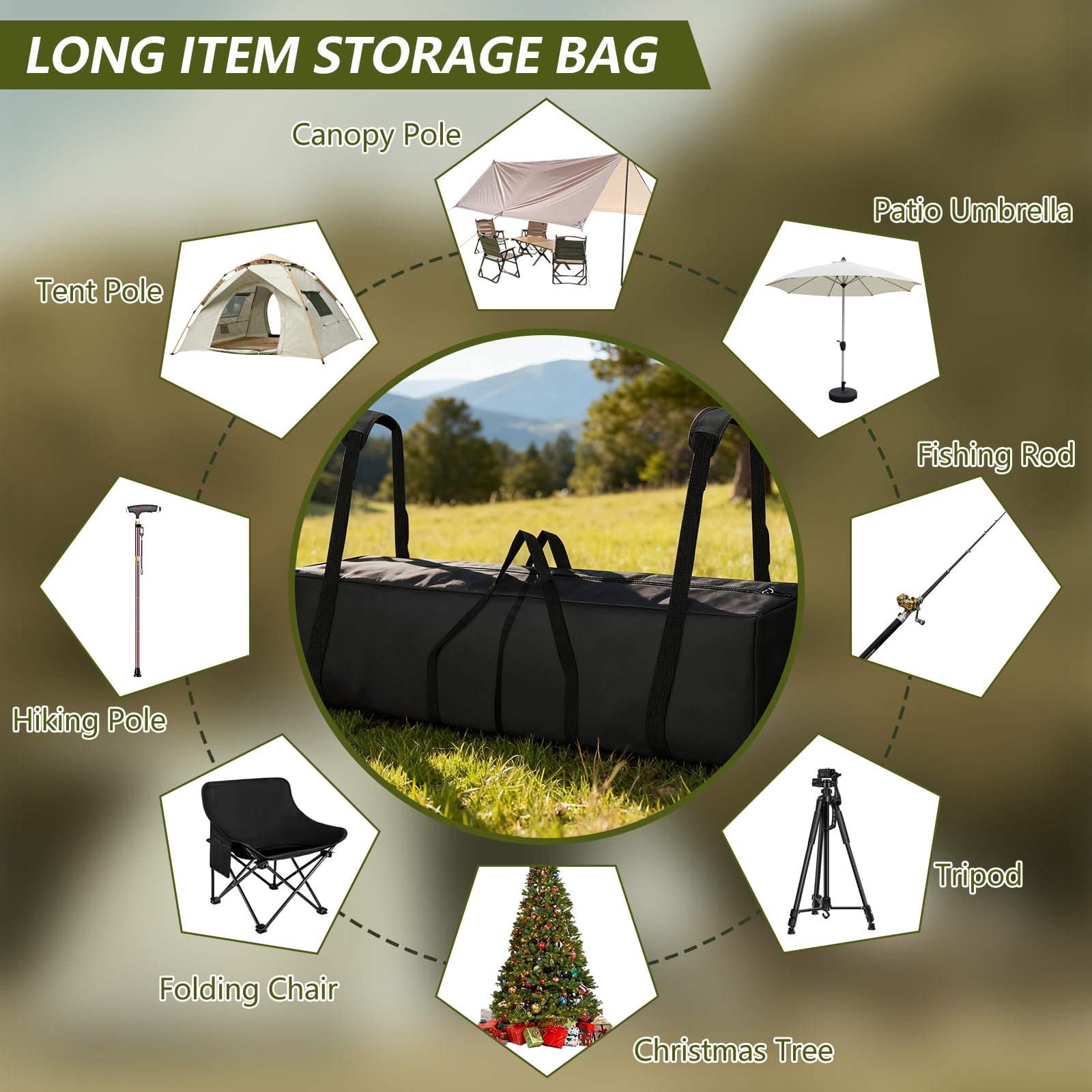 Sac de Tente 210 cm avec Poignées Rembourrées et Fermeture Éclair Bidirectionnelle pour Poteau de Tente et Camping