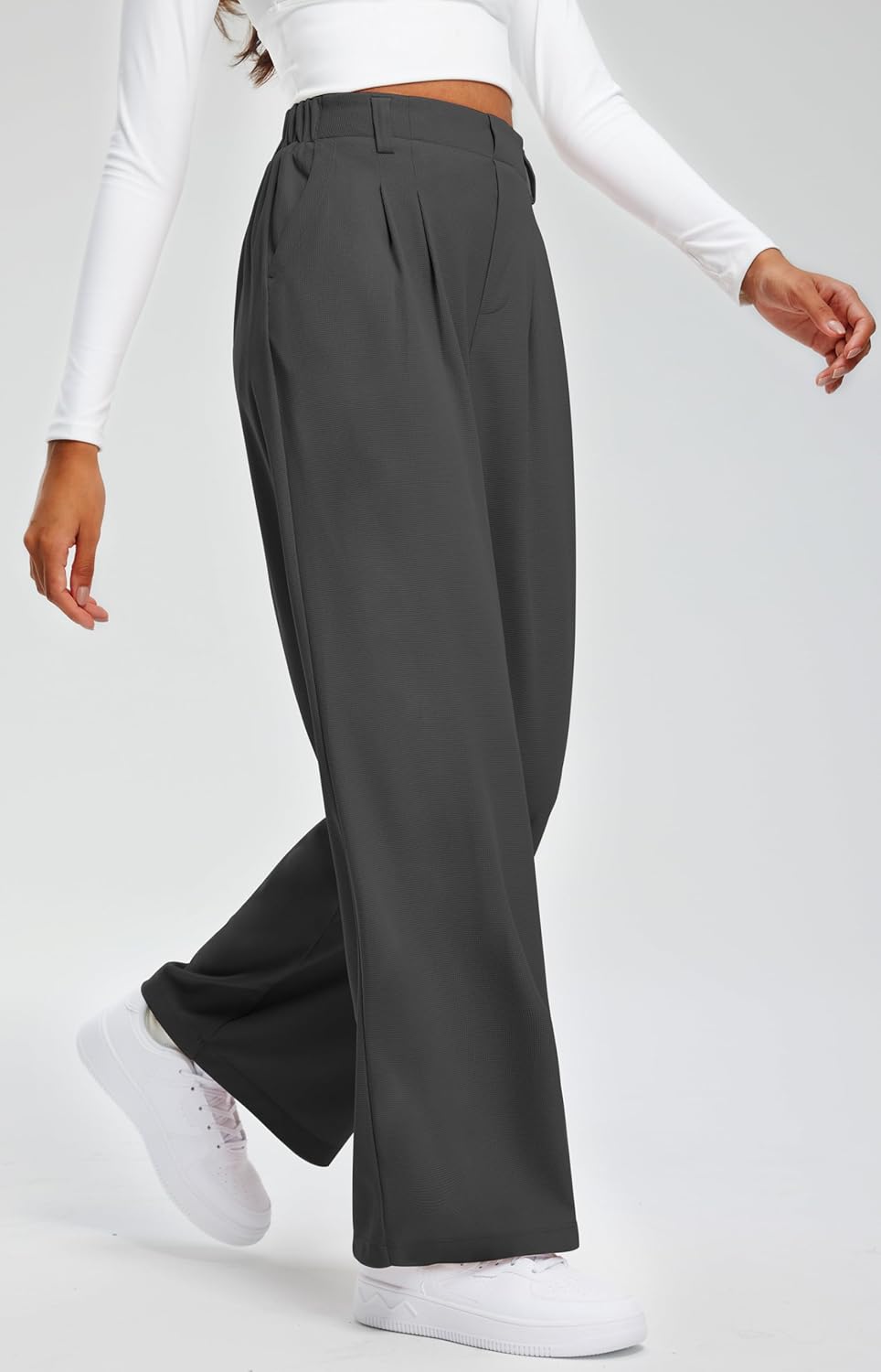 Libin Women's Wide Leg Pants 27"/29" High Waisted Waffle Knit Casual Slacks Work Pants Business Palazzo Trousers with Pockets