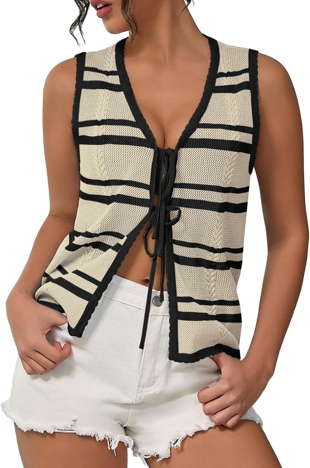 IEEILULU Crochet Vest Tops for Women - Womens Sleeveless Knit Sweater Vests Summer Casual Tie Front Top Cute Tank