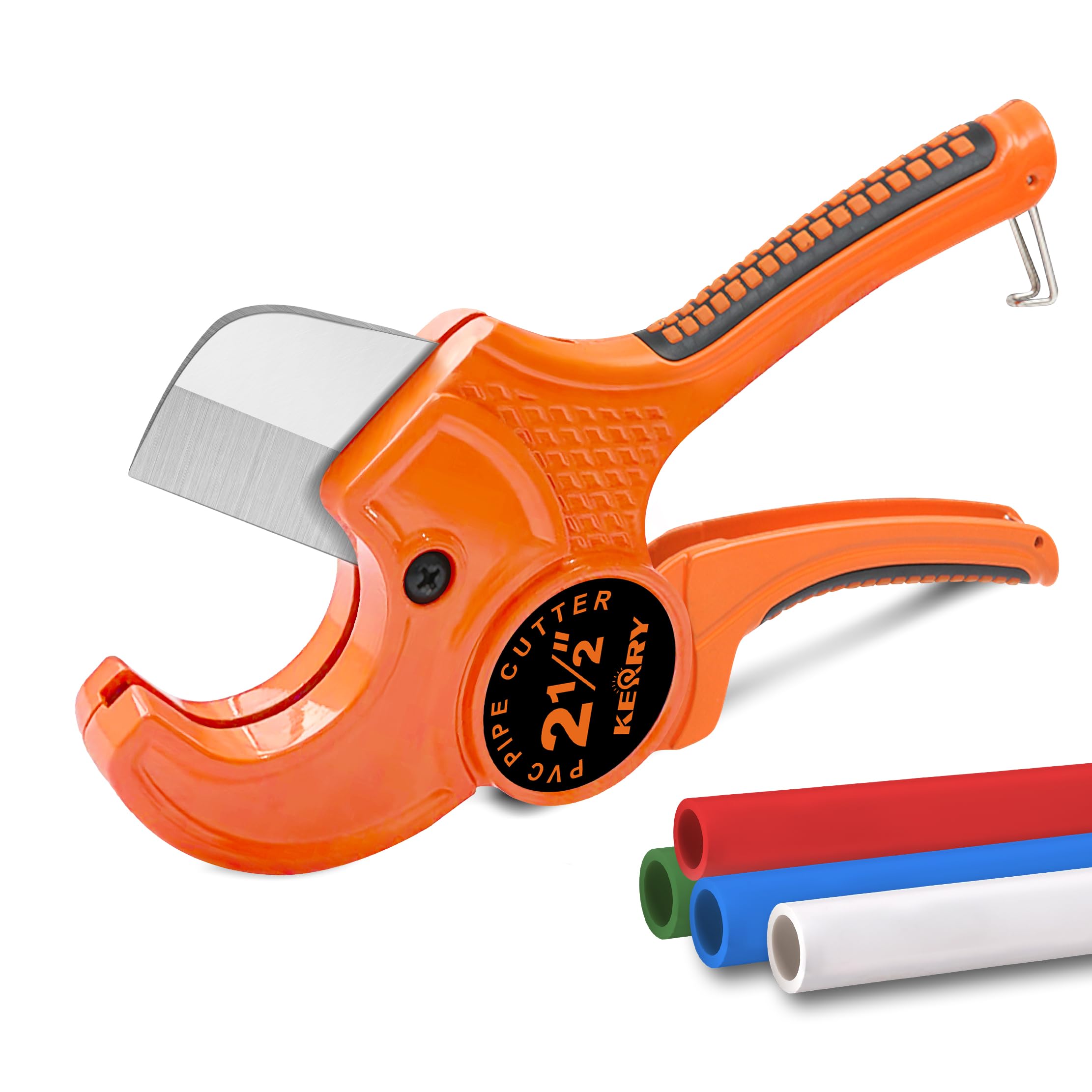 Kerry PVC Pipe Cutter, Up to 2-1/2" O.D. Ratcheting Heavy-Duty PEX POLY PE Plastic Hoses and Plumbing Tube Cutting Tool, Stainless Steel Blades,