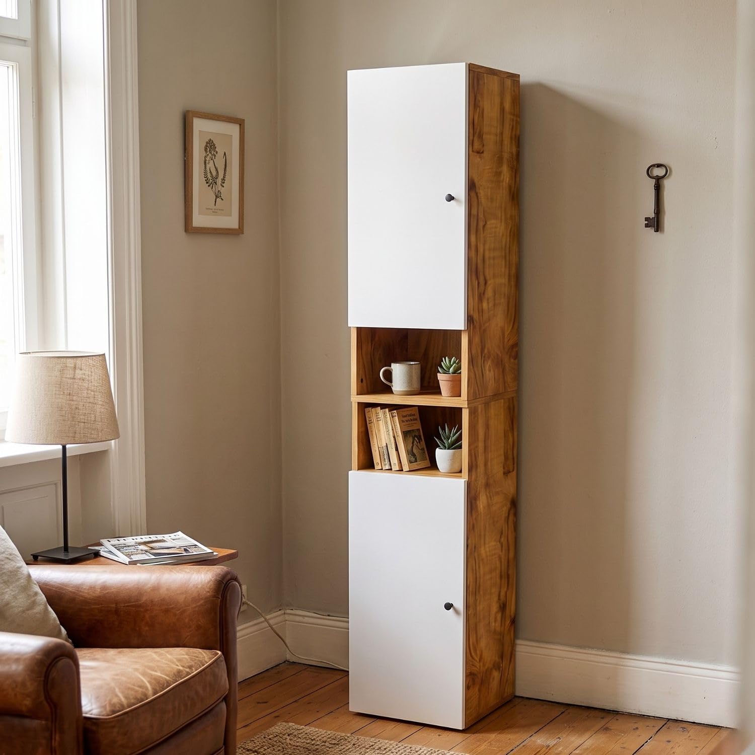 FFO Nexora Cabinet for Home & Office | Tall Narrow 2-Door Organizer with 2 Open Shelves | Multipurpose Bookshelf and File Cabinet | Space-Saving Floor-Standing Unit, 30 × 30 × 154.5 cm,(DIY)-image-46