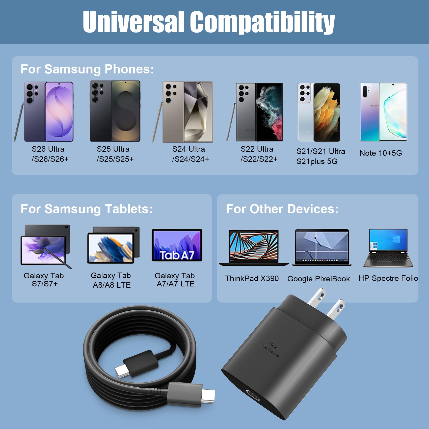 S23 S22 Samsung - Cargador rápido Tipo C de 10 pies con Bloque de Carga súper rápida USB C de 25 W para Galaxy S23/S23+/S23 Ultra/S22/S22+/S22 Ultra/S21/S20/Note20, Z Fold/Flip, Paquete de 2