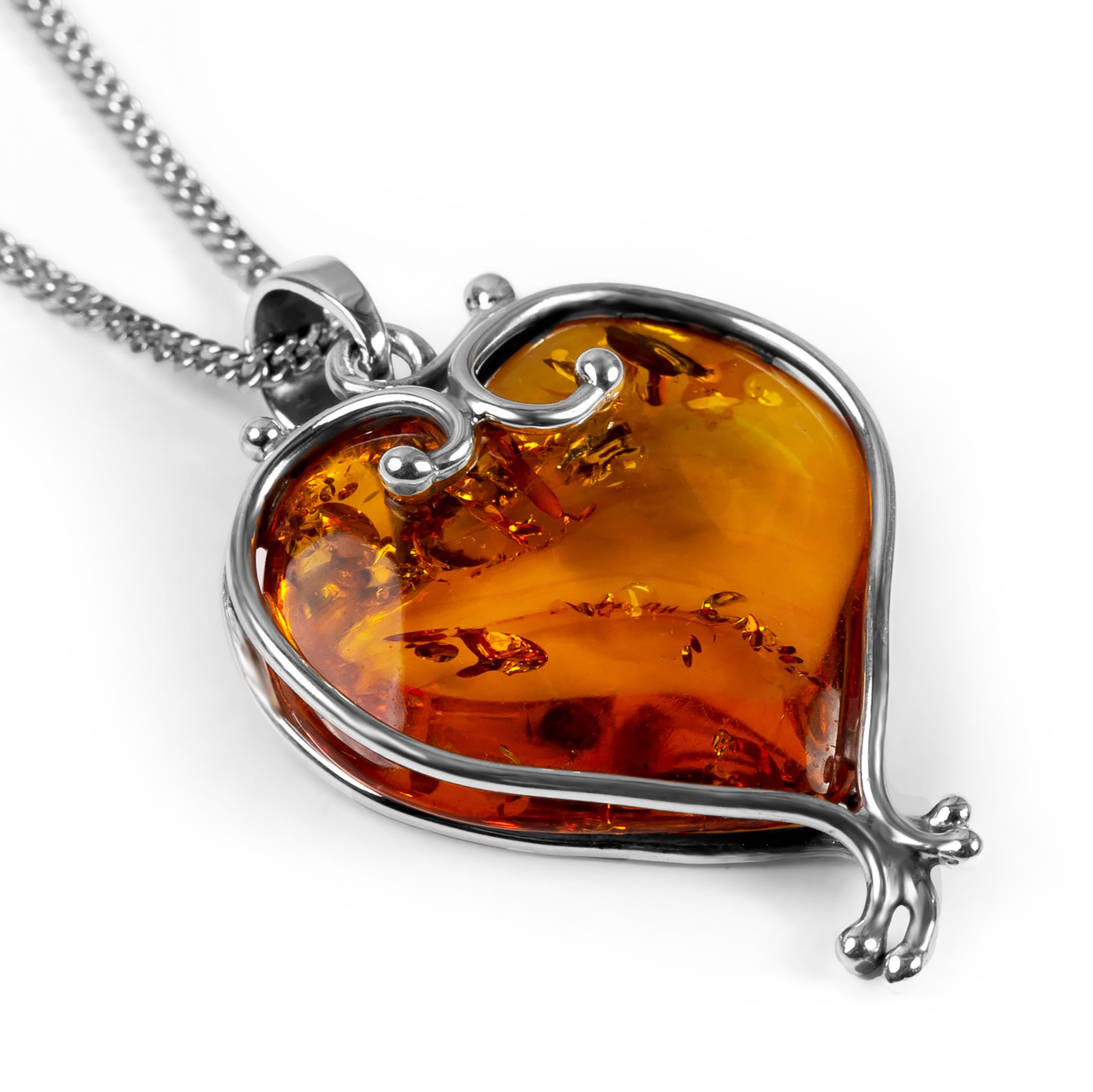 Hand-Crafted Heart Necklace in Solid 925 Sterling Silver, Genuine Baltic Amber, Blue Lace Agate | Hand-made Jewellery | Statement Necklace