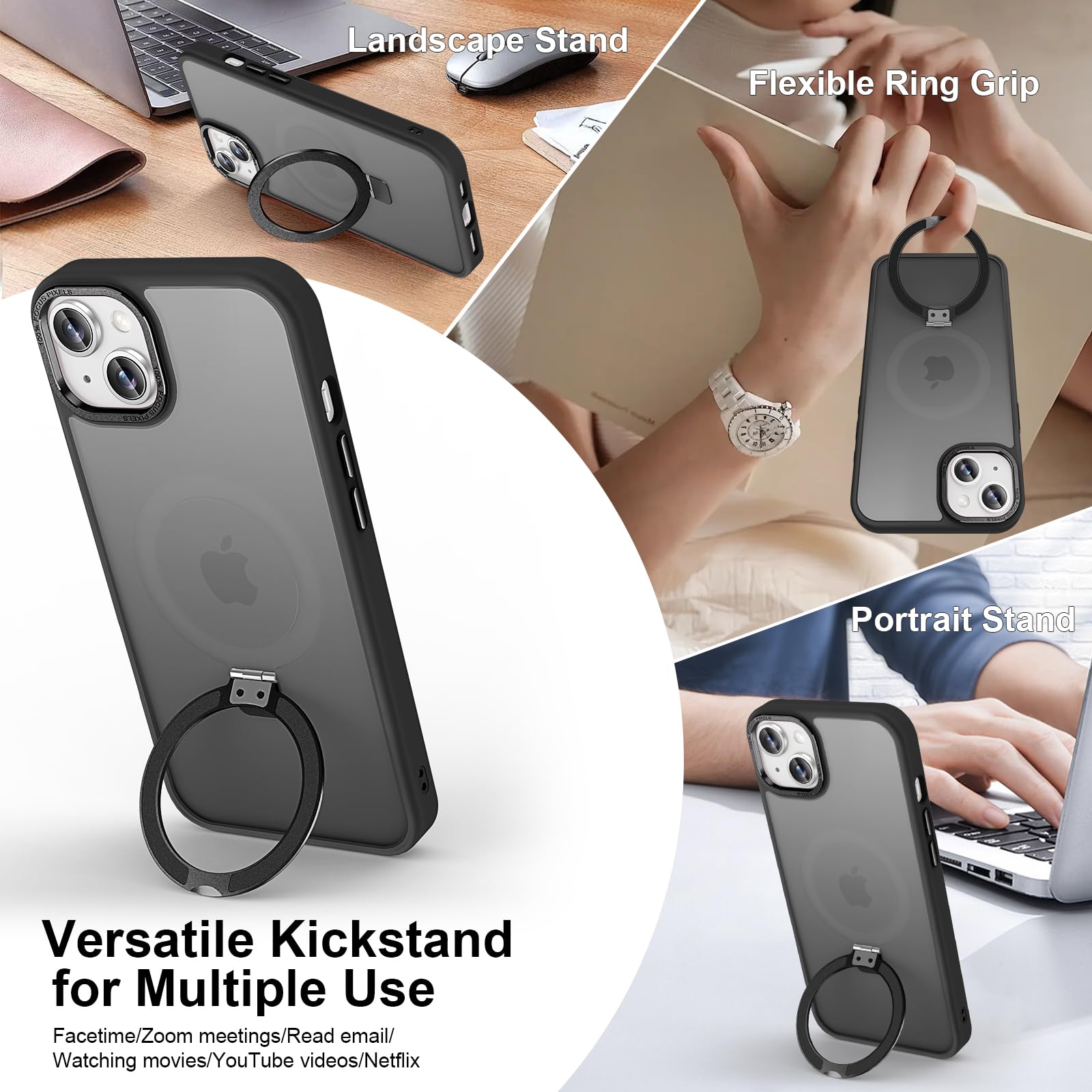 Custodia magnetica per iPhone 13 con supporto ad anello, nero | Cavalletto magnetico invisibile, 3 m, protezione contro le cadute, antiurto, tocco vellutato, retro opaco traslucido sottile