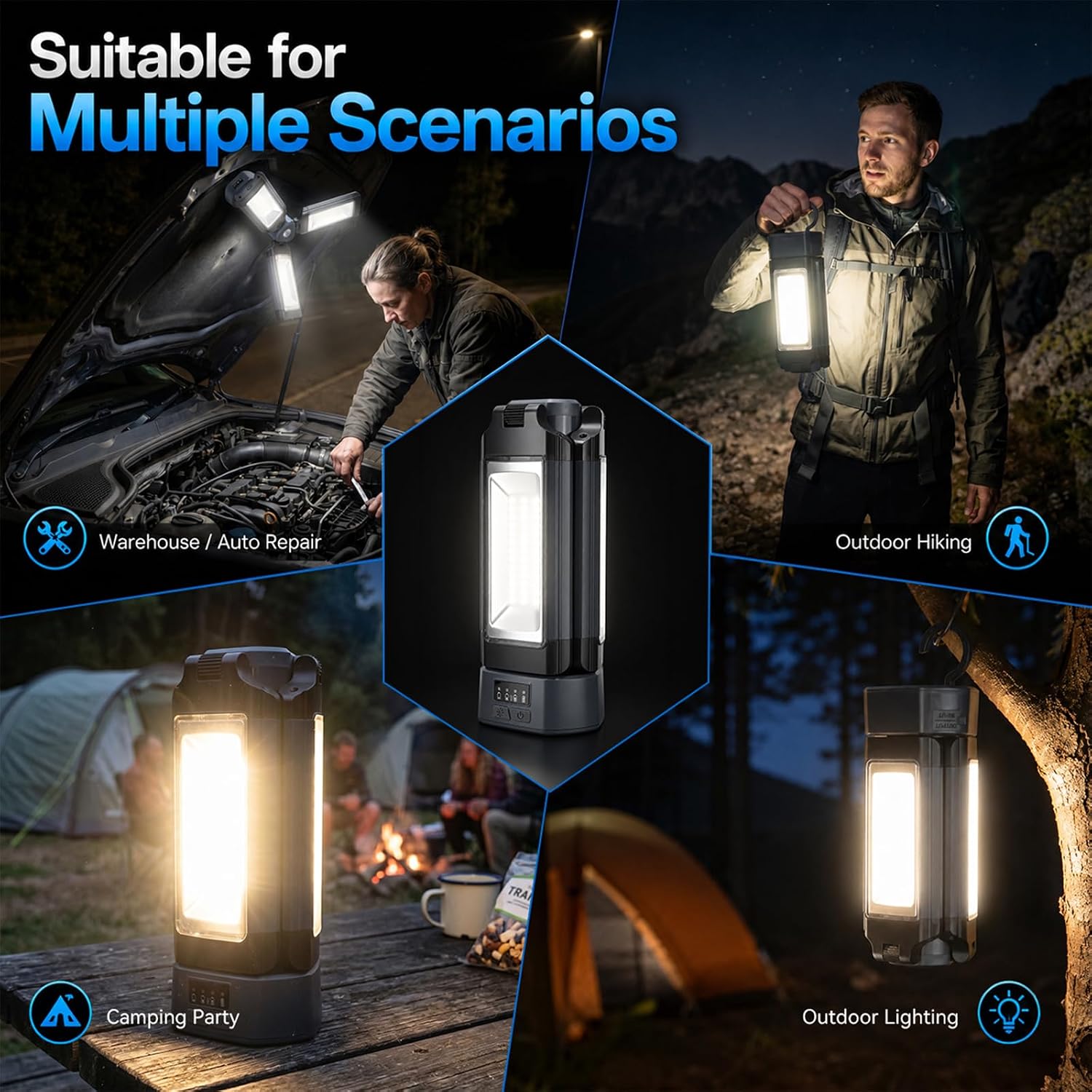 12000mAh Rechargeable Camping Light with Stand 73.2'' | 3200 Lumens Magnetic LED Work Light, Adjustable Detachable Tripod, Remote, Emergency Flashlight with Hook, Camping Gear, Grey