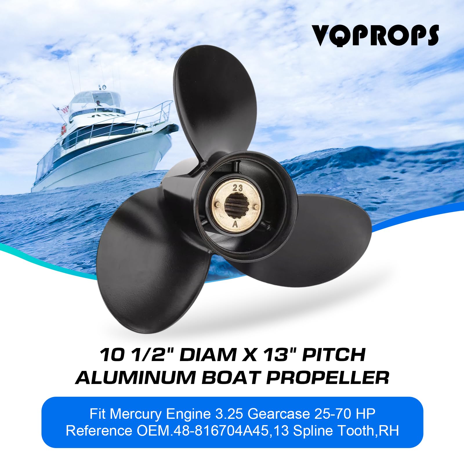 Your Props – Hélice de bateau hors-bord à 13 cannelures en aluminium compatible avec moteurs Mercury avec carter de vitesse de 8,9 cm 2 et 4 temps 30/35/40/45/50/55/60/70 CV, RH