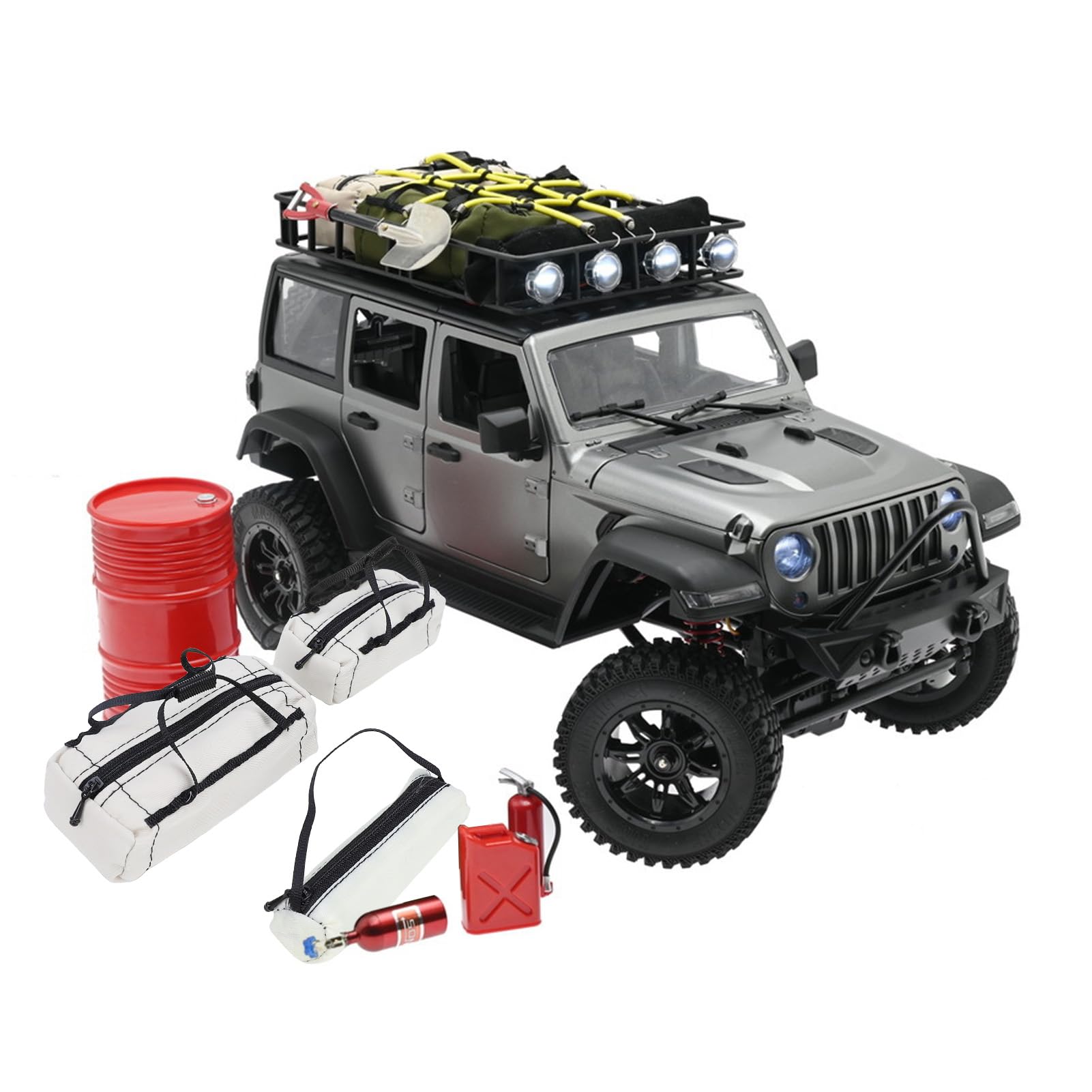 RC Simulation Accessories, RC Cars Decor Set Includes Bags, Luggage Net, Fuel Tank, Oil Drum, Jack, Fire Shovel for 1:10 Scale Crawler Cars, Off Road Vehicle (Grey) - 5