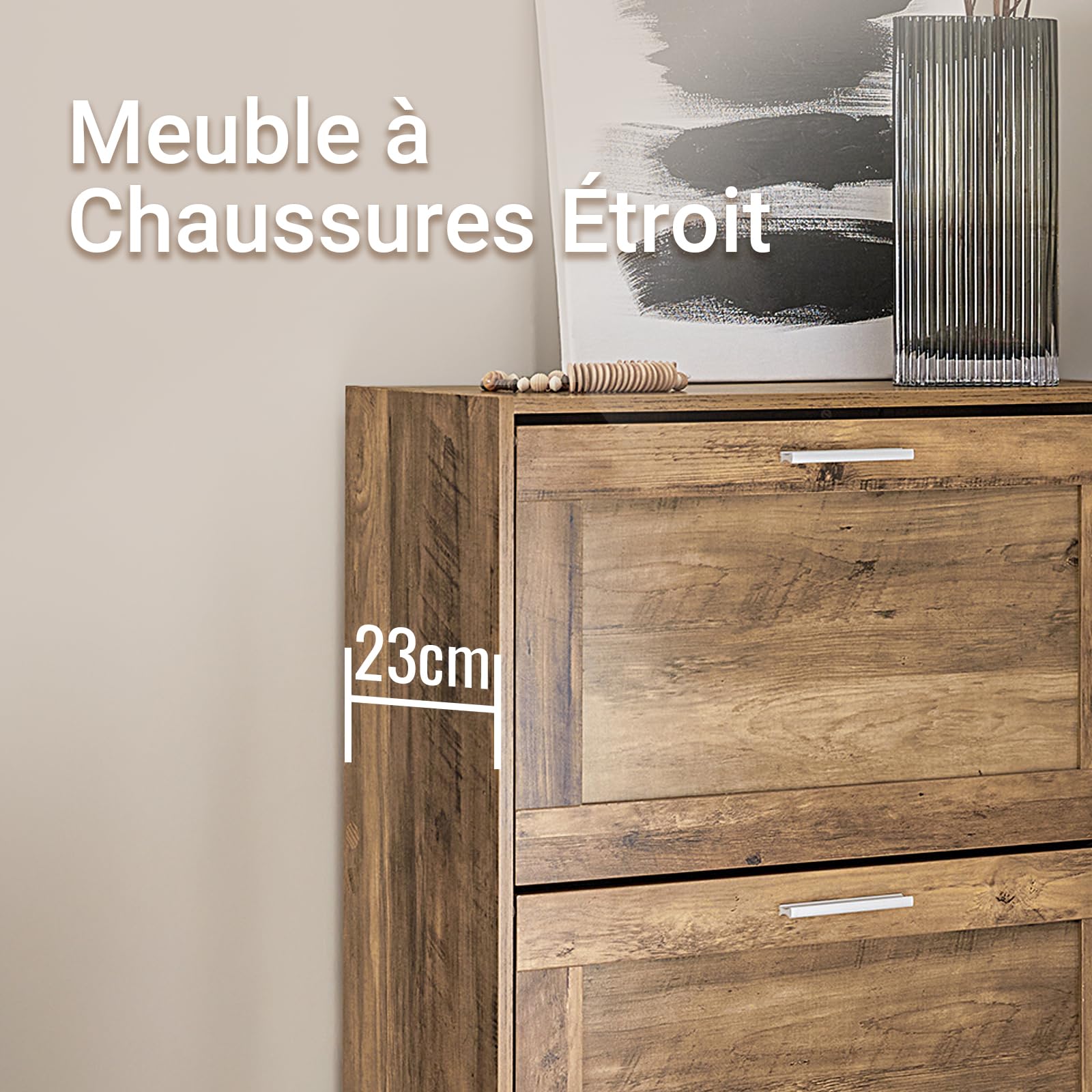 SoBuy Meuble Chaussures avec 2 abattants 60x23x79cm pour entrée | Armoire à chaussures fine avec séparateurs ajustables, MDF/PB E1, anti-basculement, dos semi-ouvert, bois foncé FSR137-F