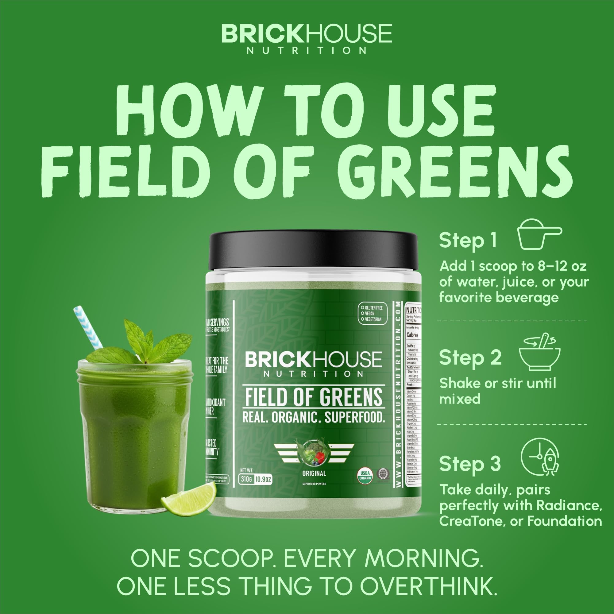 BRICKHOUSE NUTRITION Field of Greens Super Greens Powder | Doctor-Formulated Superfood Powder, Fruits & Veggies Supplement - Original (Single Pack) — Amazon image 5