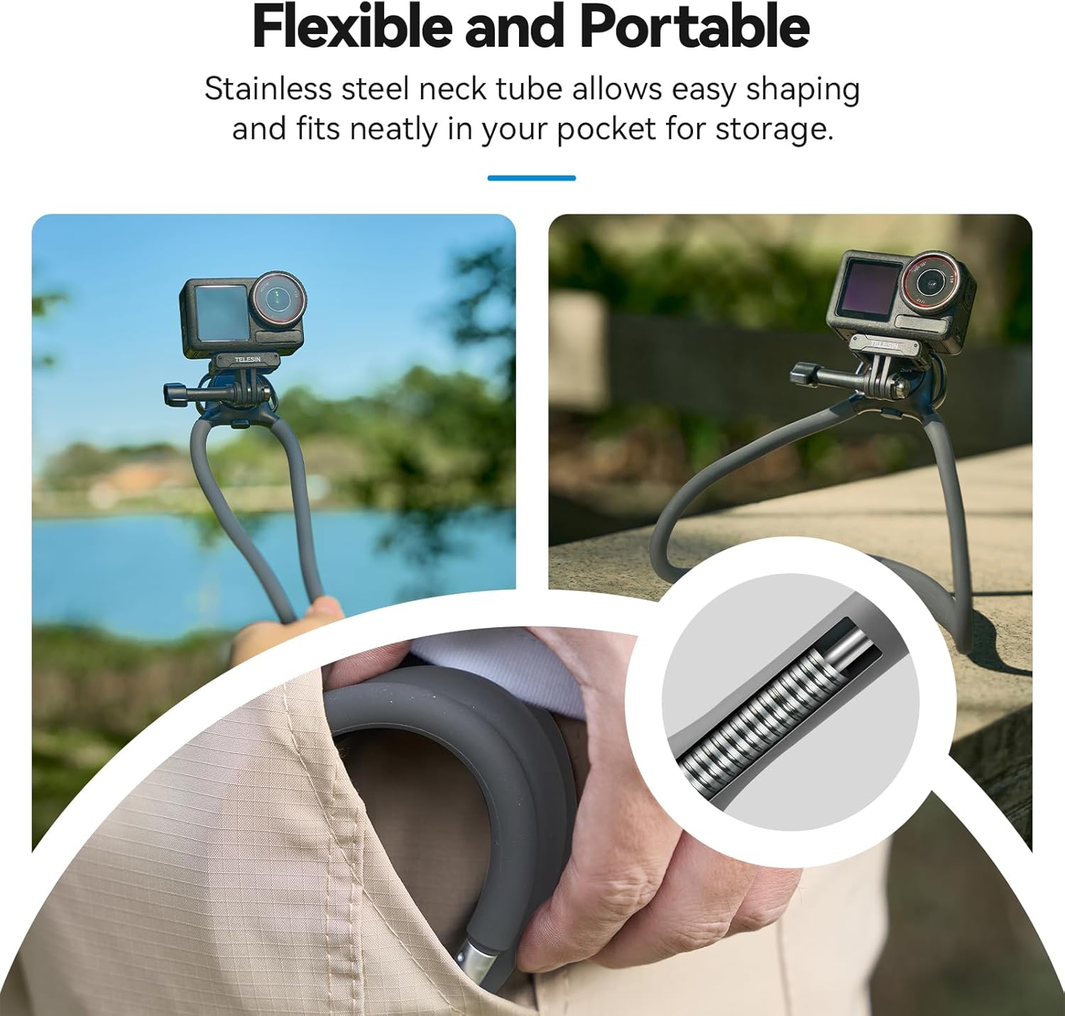 Image demonstrating the flexible and portable design of the TELESIN Neck Mount SE 2.0, showing it being bent and stored in a pocket.