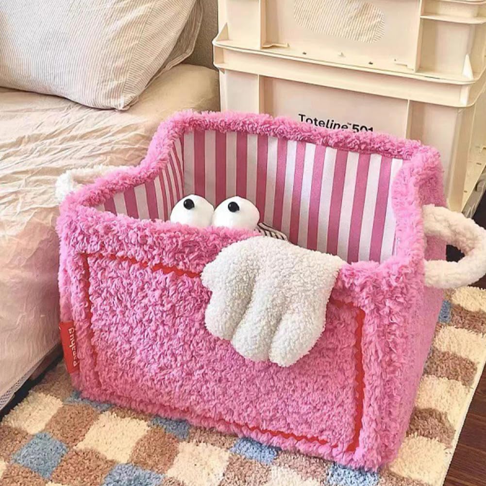 Cartoon Storage Baskets Toy Basket Snacks Basket Dirty Clothes Basket Foldable Plush Container Versatile Storage Basket for Kids Clothes Towels Baby Toy Storage, Large Pink