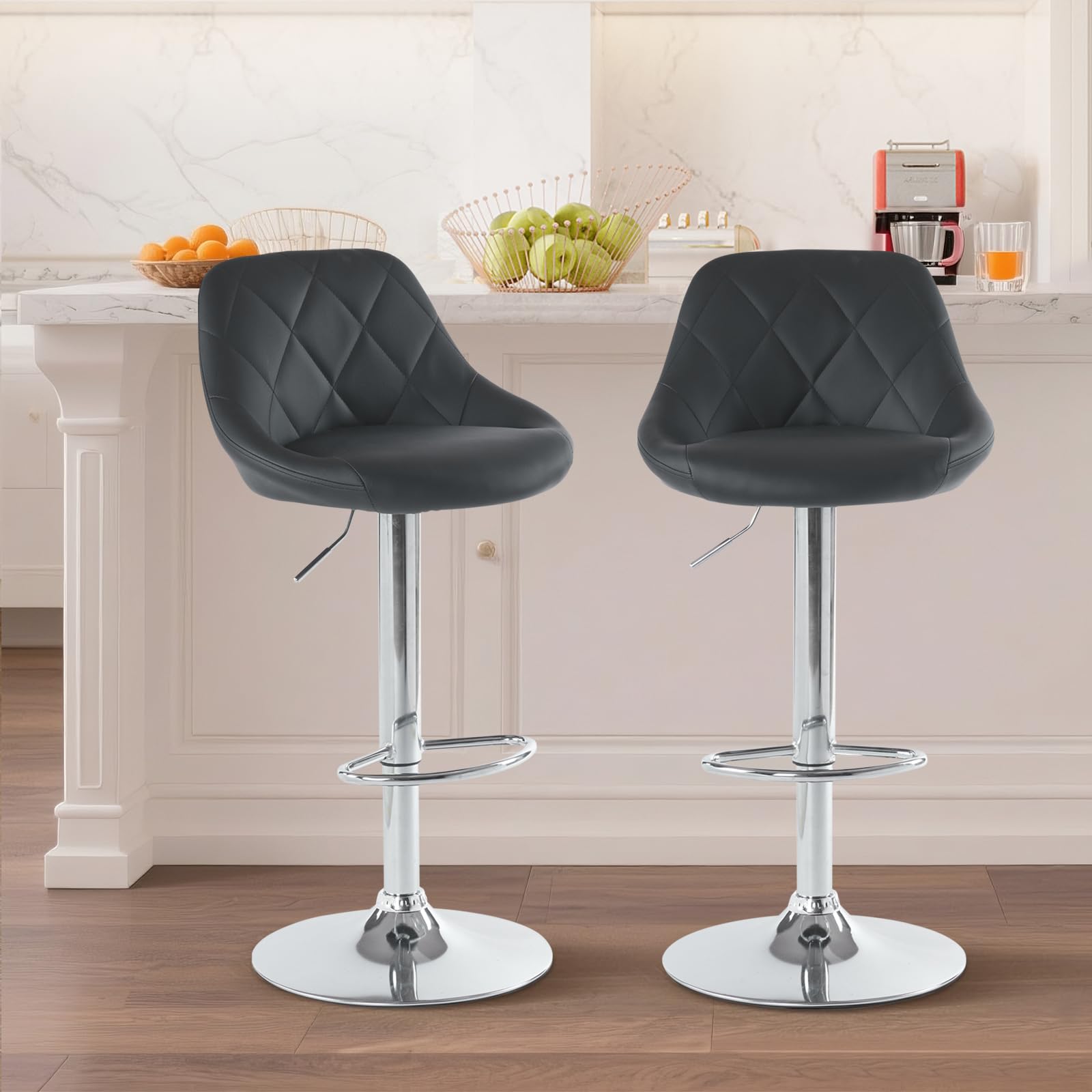 LEADZM Tabouret de Bar Lot de 2 Chaise de Bar Réglable Hauteur en PU Rotatif sur 360°, avec Dossier et Repose-Pieds (Noir)