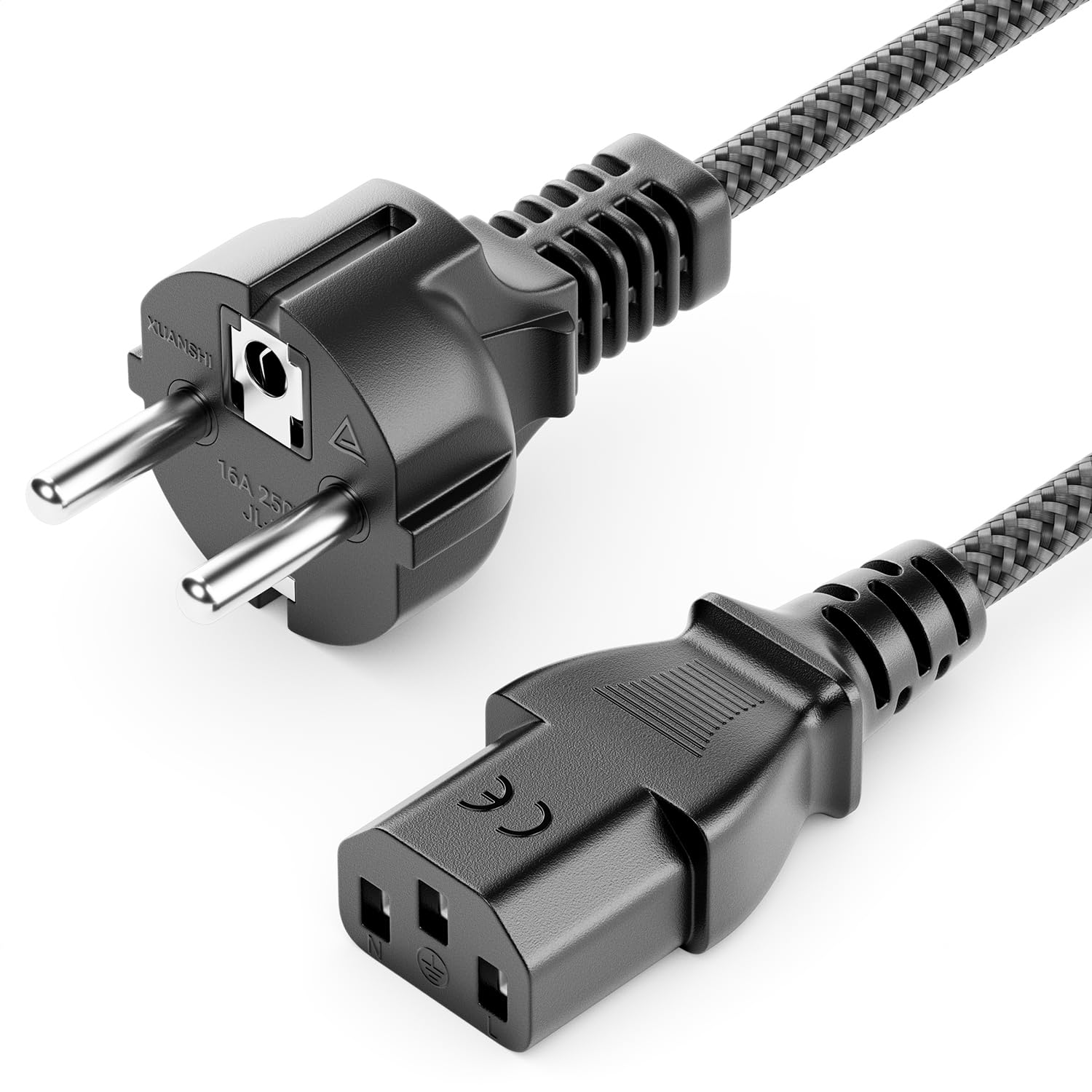 deleyCON 1m Câble Appareil Froid - Câble Nylon - Cordon Alimentation électrique 3 Pôles Fiche Contact Protection (Type F vers Prise C13) PC Ordinateur Moniteur Imprimante Projecteur - Gris - 2
