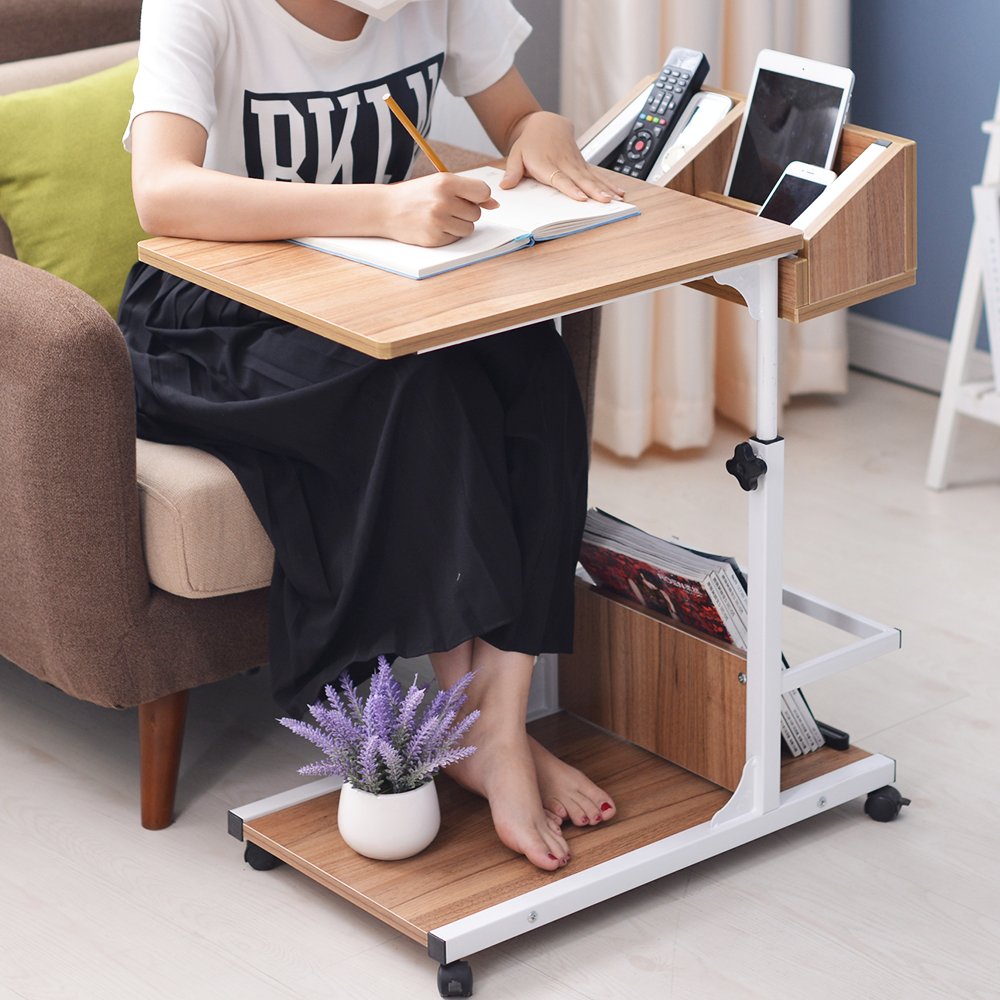 sogesfurniture Tavolo per computer portatile regolabile in altezza, tavolino mobile da divano, tavolo con ruote, spazio di archiviazione, per camera da letto, soggiorno, 50 x 40 x 55 – 80 cm, rovere