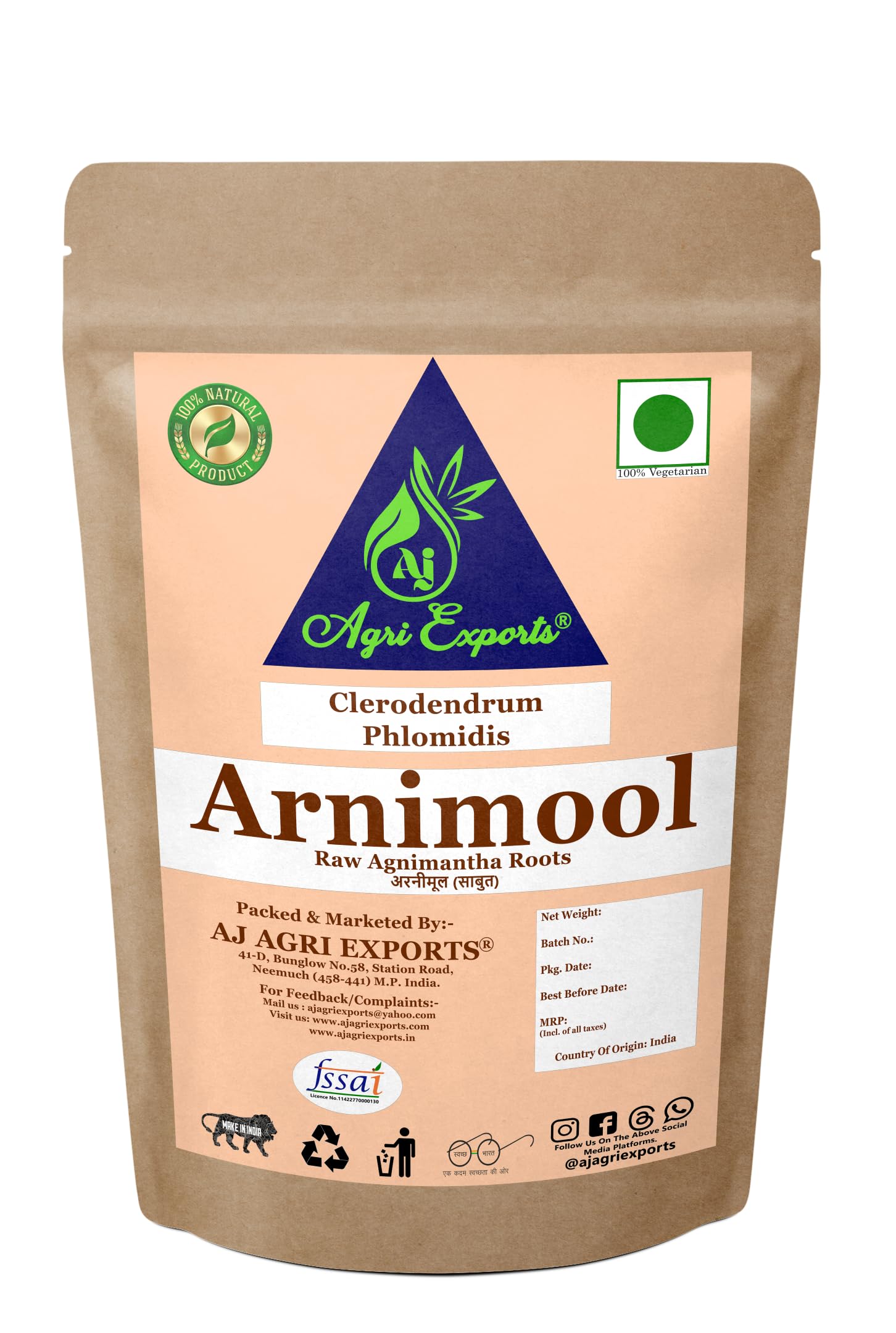 AJ AGRI EXPORTS Arnimool - Agnimantha - Aranimool - Arni Roots - Arni Mool - Aranimula - Arnimulam - Clerodendrum Phlomidis - Sage Glory Bower - Arni - अर्नीमूल (100 Grams)