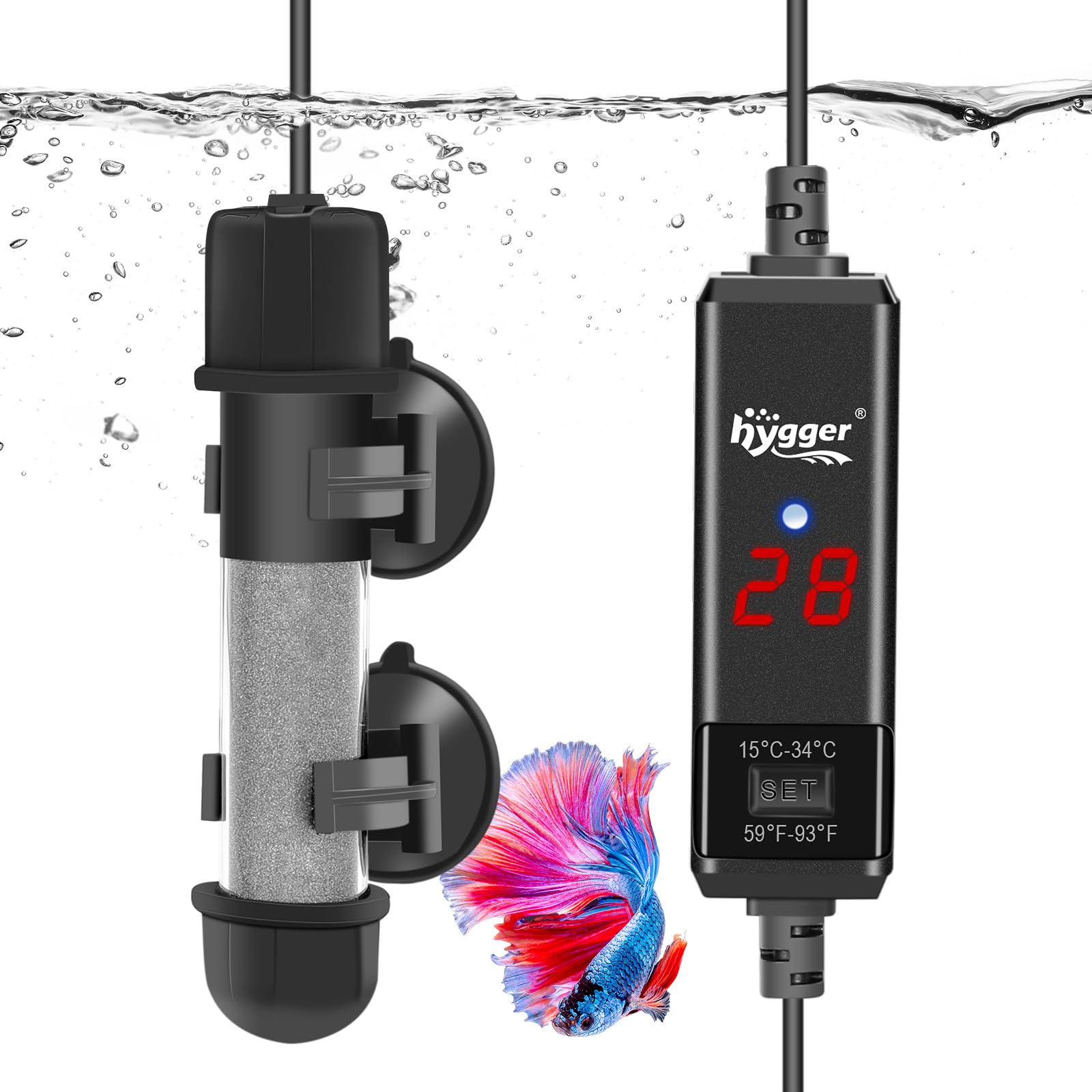 hygger Aquarium Heater 100W Fish Tank Heater, Submersible Glass Heater, Adjustable Temperature Controller 15-34℃