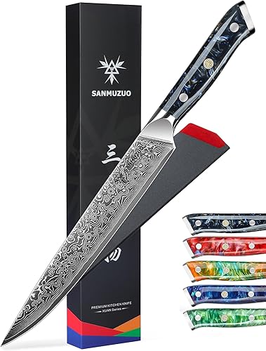SANMUZUO Cuchillo de trinchar  Cuchillo de corte de 9 pulgadas  Serie Xuan  Cuchillo de corte de carne de acero Damasco VG10  Mango de resina (negro