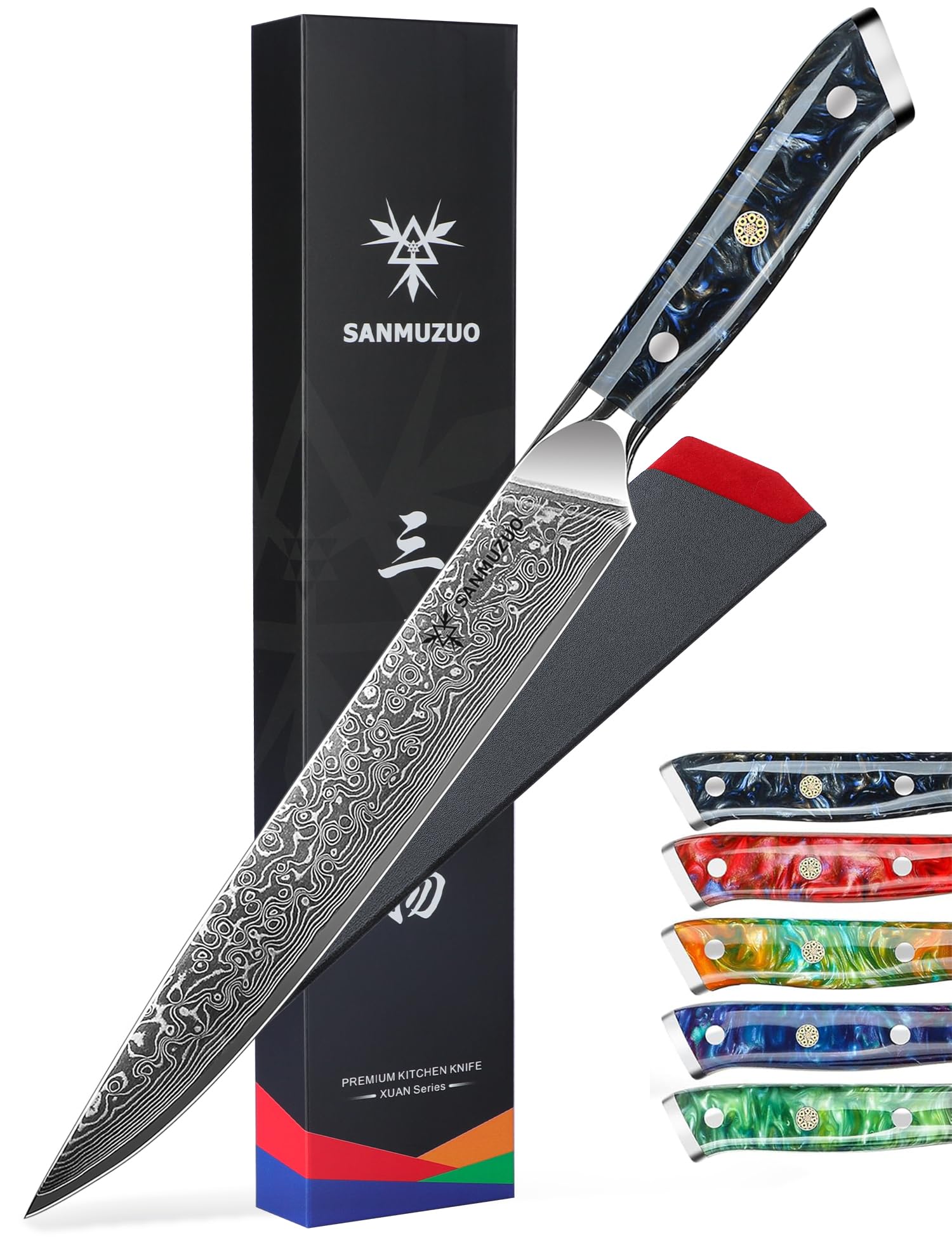 SANMUZUO Damaststahl Tranchiermesser 23 cm Fleischmesser - Xuan Serie - VG10 Damaskus Stahl Kochmesser Schinkenmesser mit Harz Griff (Sternenschwarz)