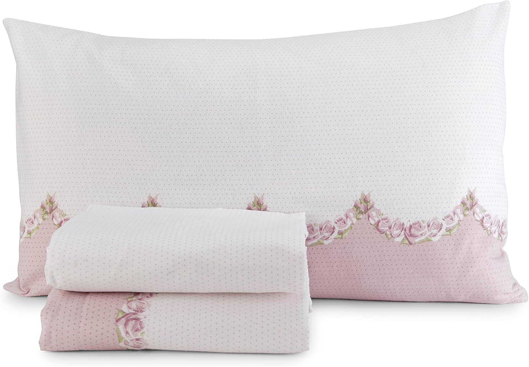 Parure de lit double en flanelle de coton imprimé floral - Blanc/Vert