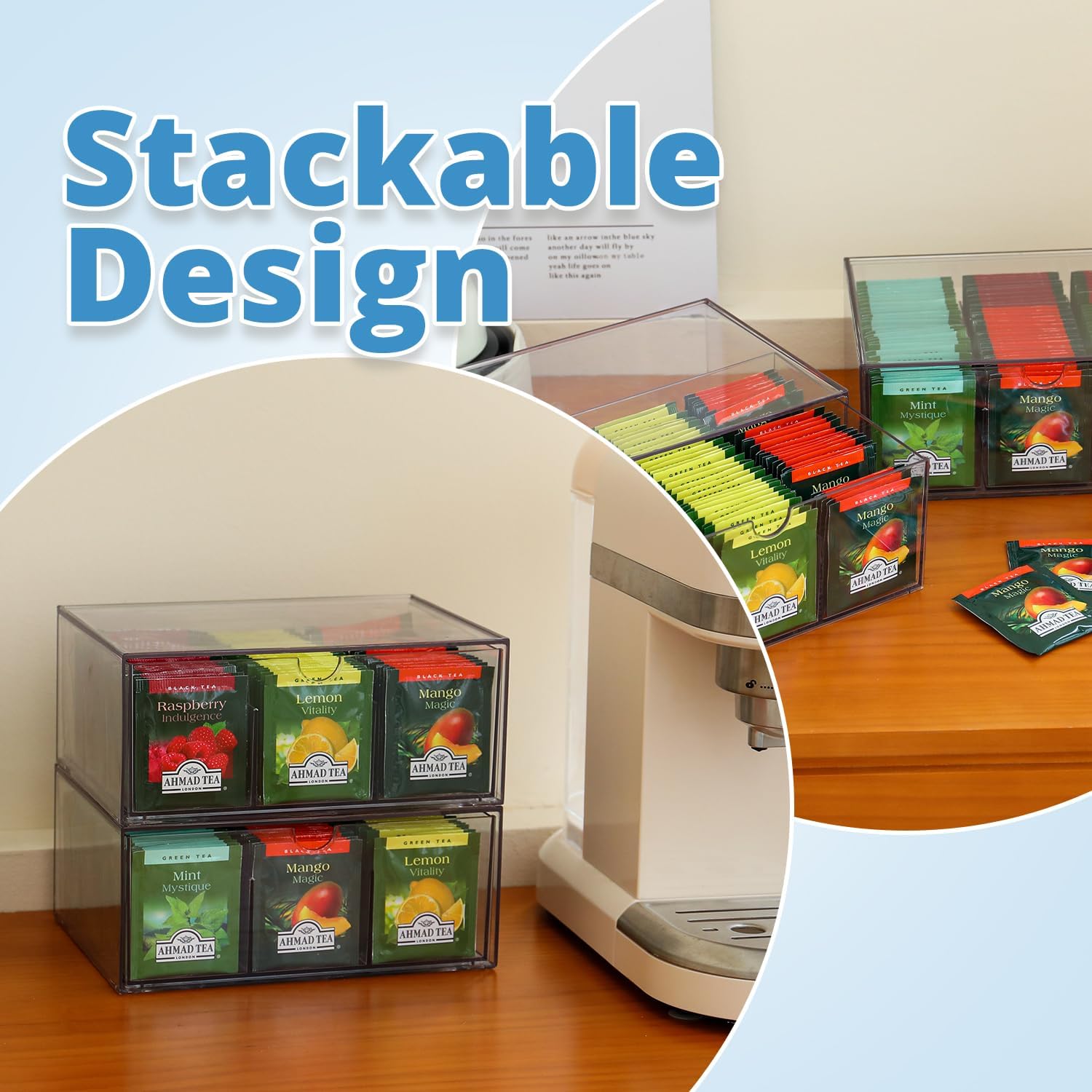CLUQMEIK 2 Large Acrylic Tea Bag Organizer, 9 Grids Tea Organizers and Storage with Acrylic Drawers Stackable, Teabag Holder Organizer for Counter Countertop Kitchen Cabinet