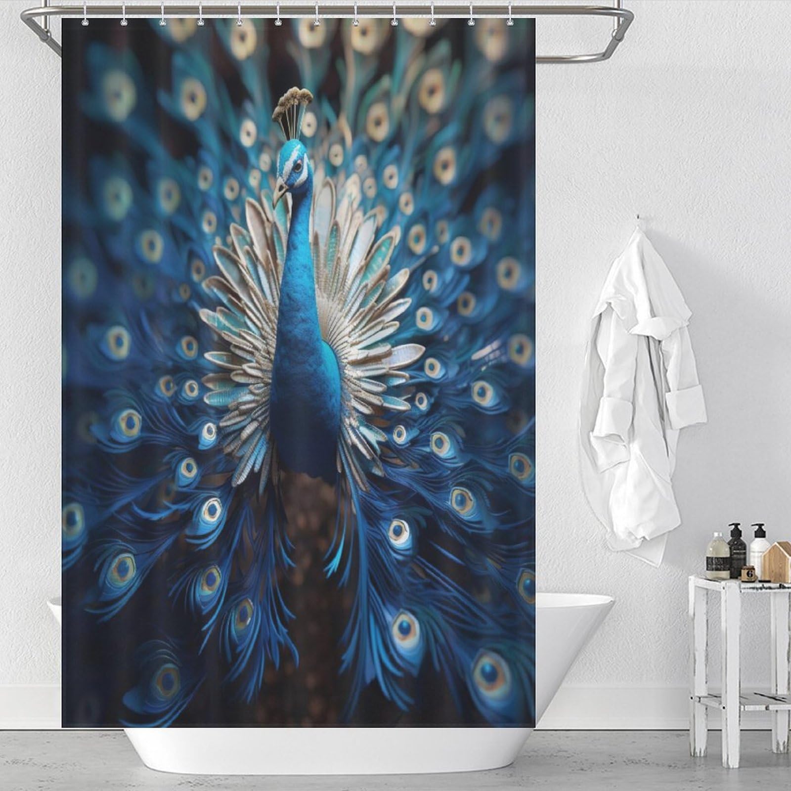 Rideau de douche paon en tissu polyester lavable pour éliminer les fuites d'eau