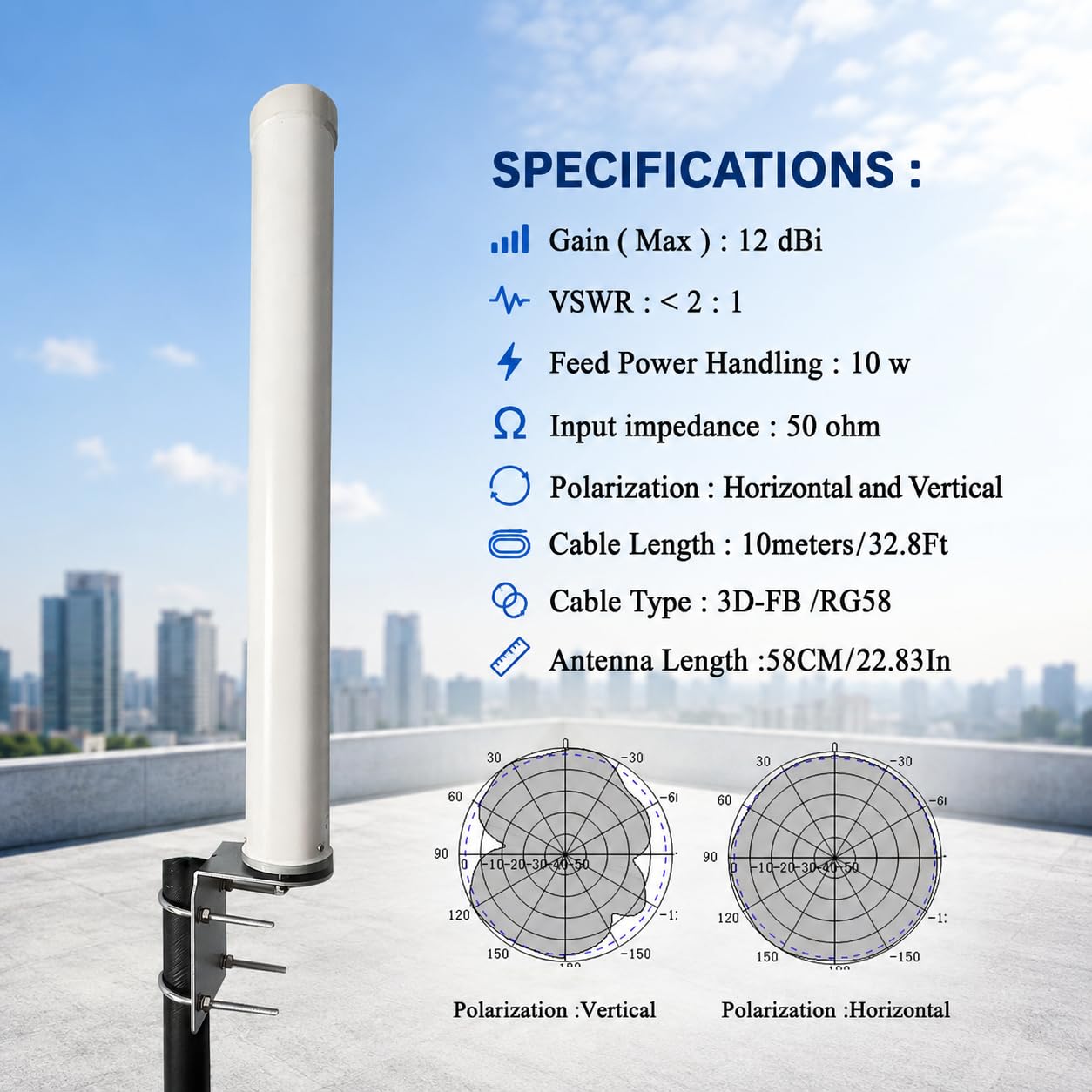 Antenna 5G 4G LTE omnidirezionale a banda larga per esterni, a lungo raggio, 698-3800 MHz 12dBi per Verizon, AT&T, router T-Mobile, ripetitore del segnale cellulare, include connettore TS9 e