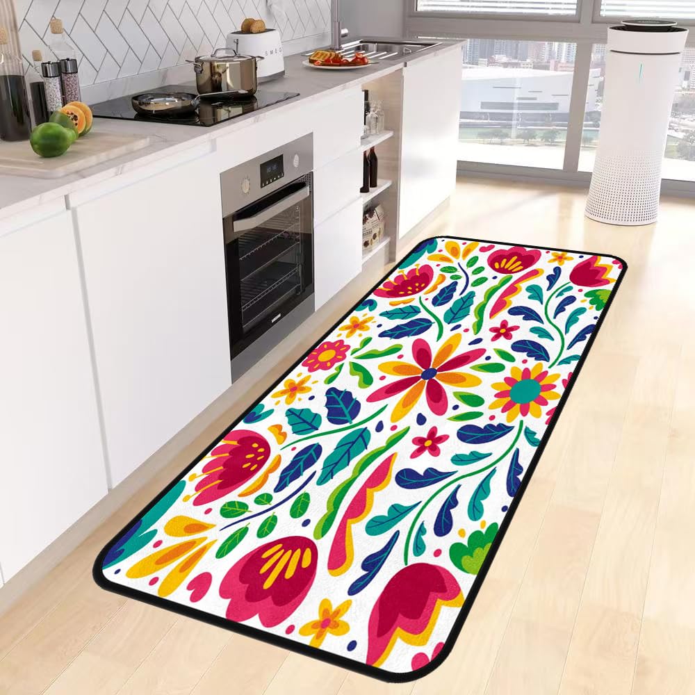 Decor Mexican Colorful Floral Kitchen Rug,Kitchen Runner Rug Non Slip Washable Standing Desk Mat Laundry Room Runner Rug Area Rugs for Floor Bathroom,