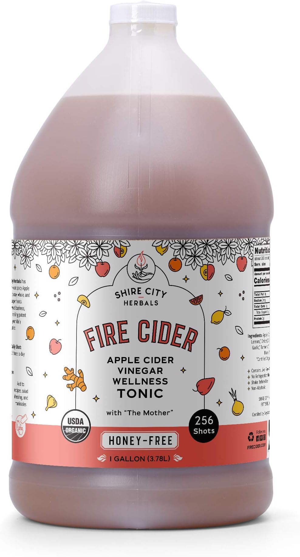 Fire Cider, Tonic, 128 oz (gallon), Honey-Free flavor, 256 Daily Shots, Apple Cider Vinegar, Whole, Raw, Organic, Not Heat Processed, Not Pasteurized, Not Diluted, Paleo, Keto, Whole 30.