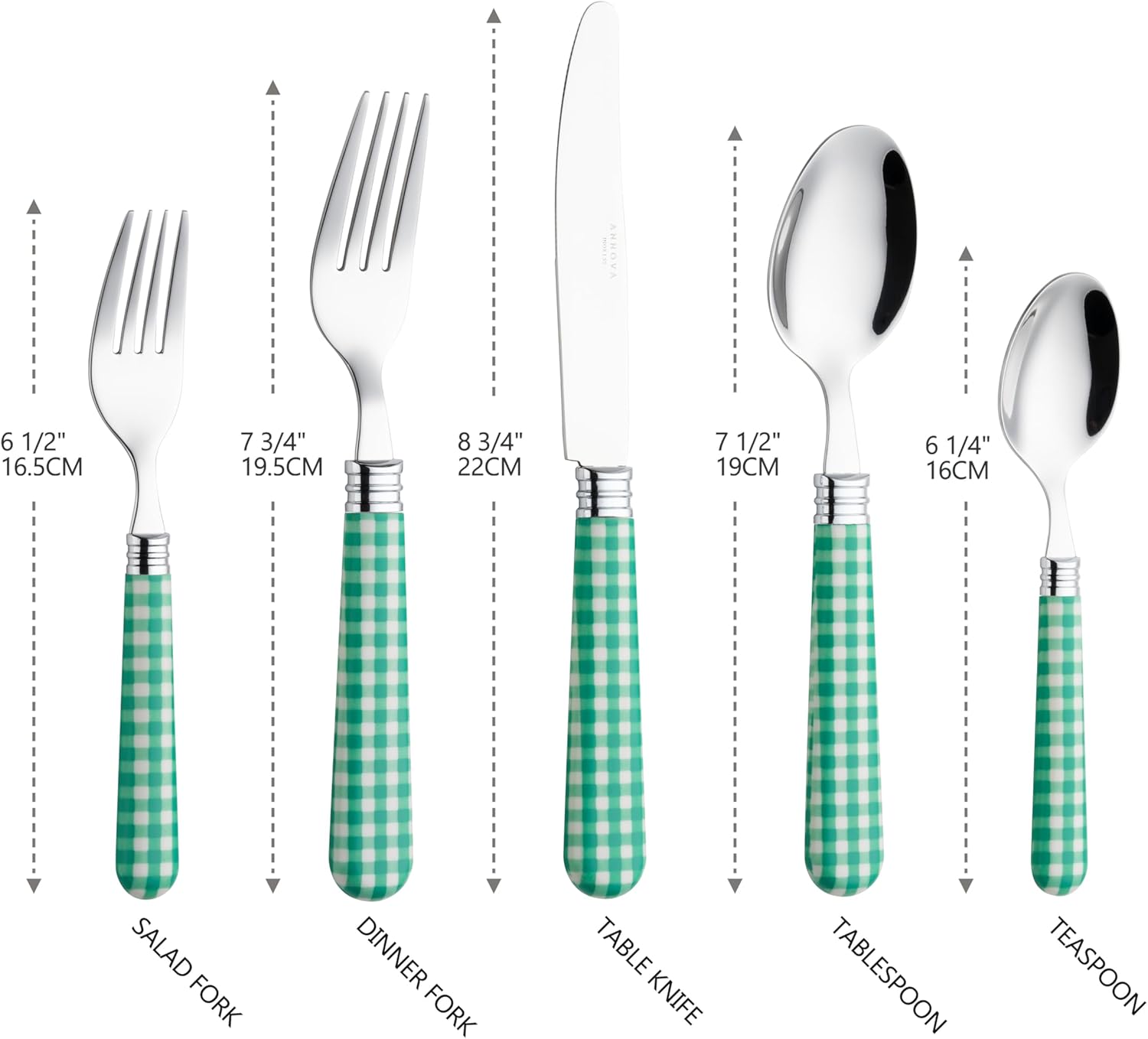 ANNOVA Silverware Set 20 Pieces Cutlery Stainless Steel Colorful Fun Handle Flatware Service for 4 - Dinner Knife, Dinner Fork, Salad fork, Dinner Spoon, Dessert Spoon (Checker Green, 20 Pieces)