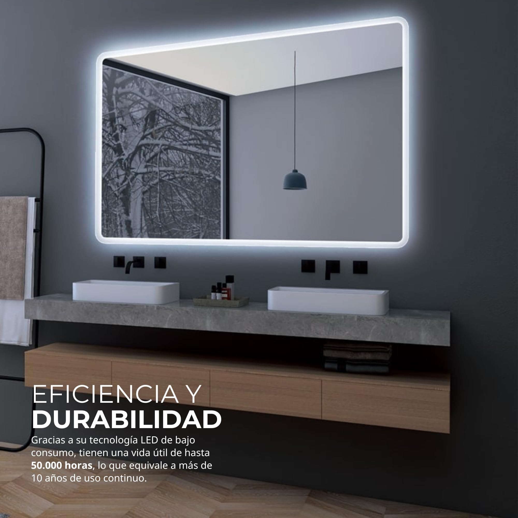 NOLUXA LEDIMEX - Espejo Retroiluminado 90x80cm con Luz LED y Antivaho para Baño | Espejo Inteligente Rectangular con Luz Integrada Frontal Fría 6500k y Sensor ON/Off | Serie Praga