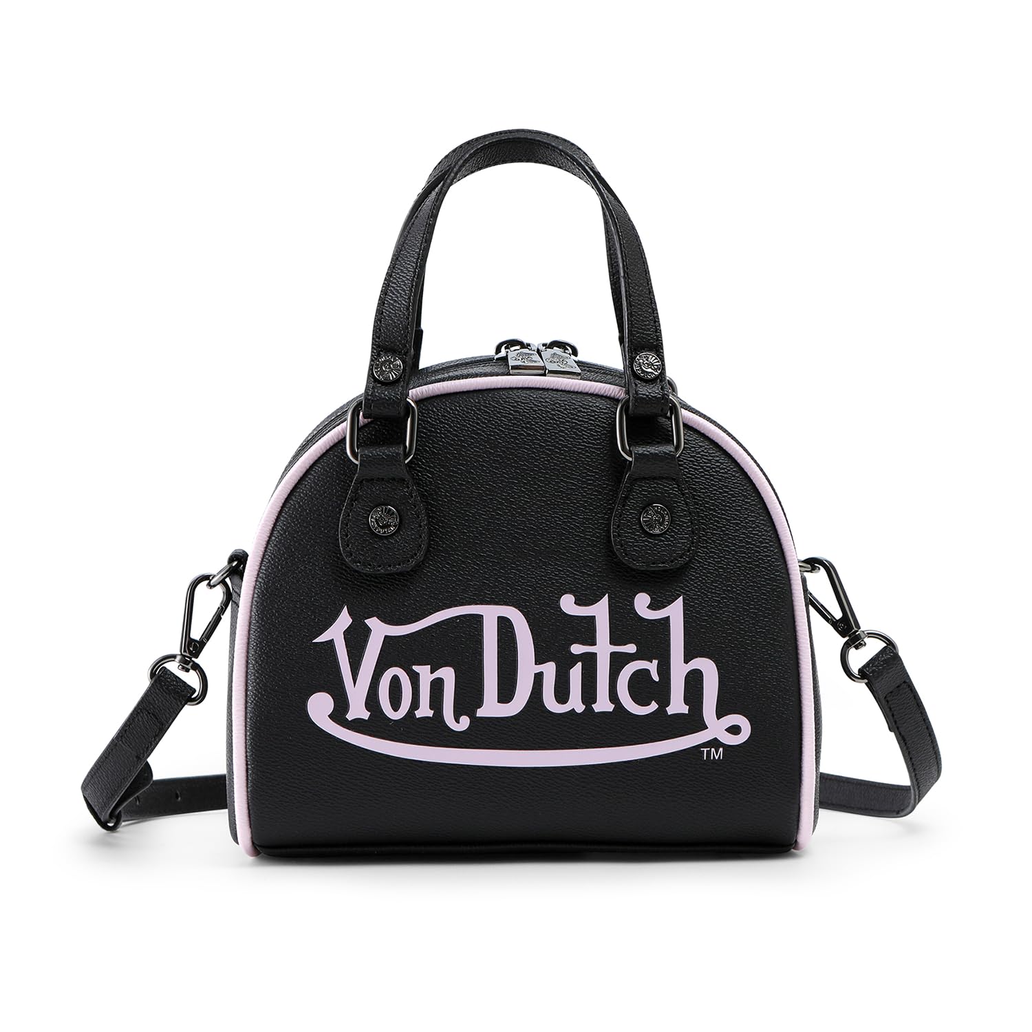 Von Dutch Womens Two Tone Bowling Bag Purse - Stylish Womens Handbag with Adjustable Strap, Spacious Interior, and Iconic Logo (Black and Pink)