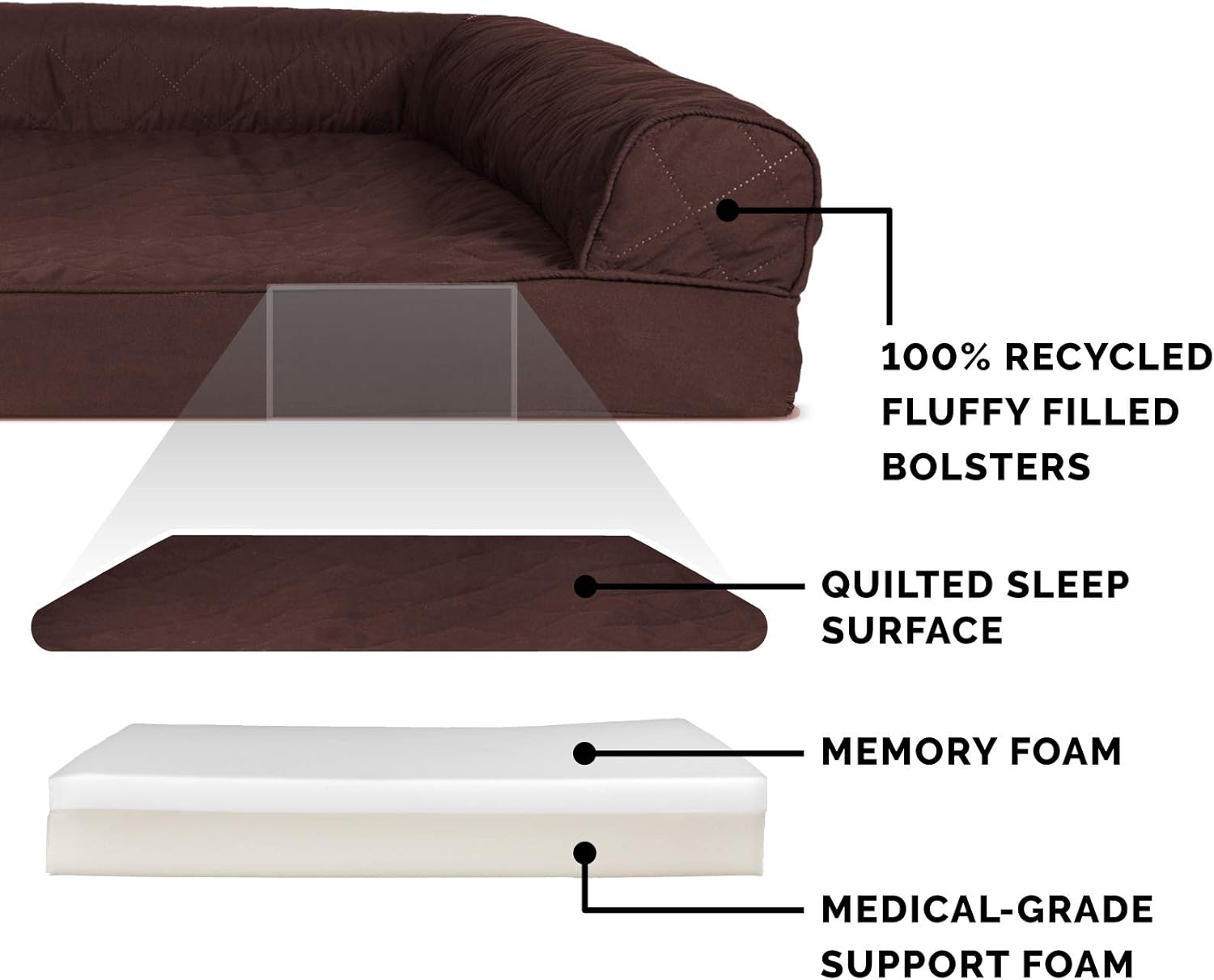 Furhaven Memory Foam Dog Bed for Large Dogs w/ Removable Bolsters & Washable Cover, For Dogs Up to 125 lbs - Quilted Sofa - Coffee, Jumbo Plus/XXL
