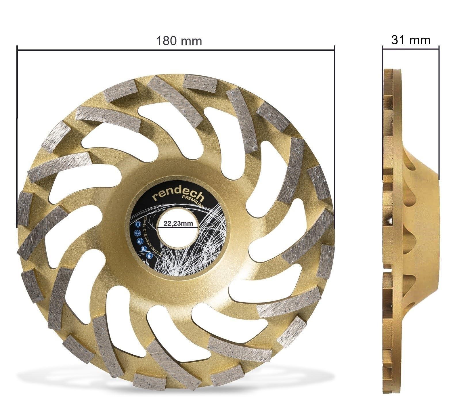 Rendech® – Cabezal de lijado 180 mm Oro Calidad Profesional para hormigón, adhesivo para baldosas