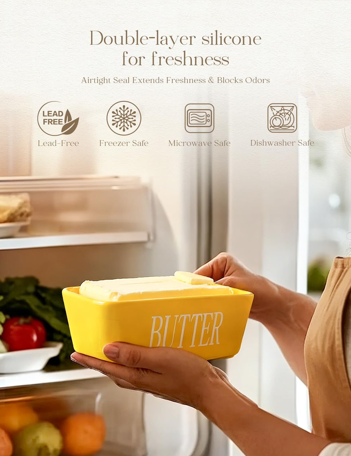 Ceramic Butter Dish with Lid and Knife Silicone Seal for Countertop Yellow 1