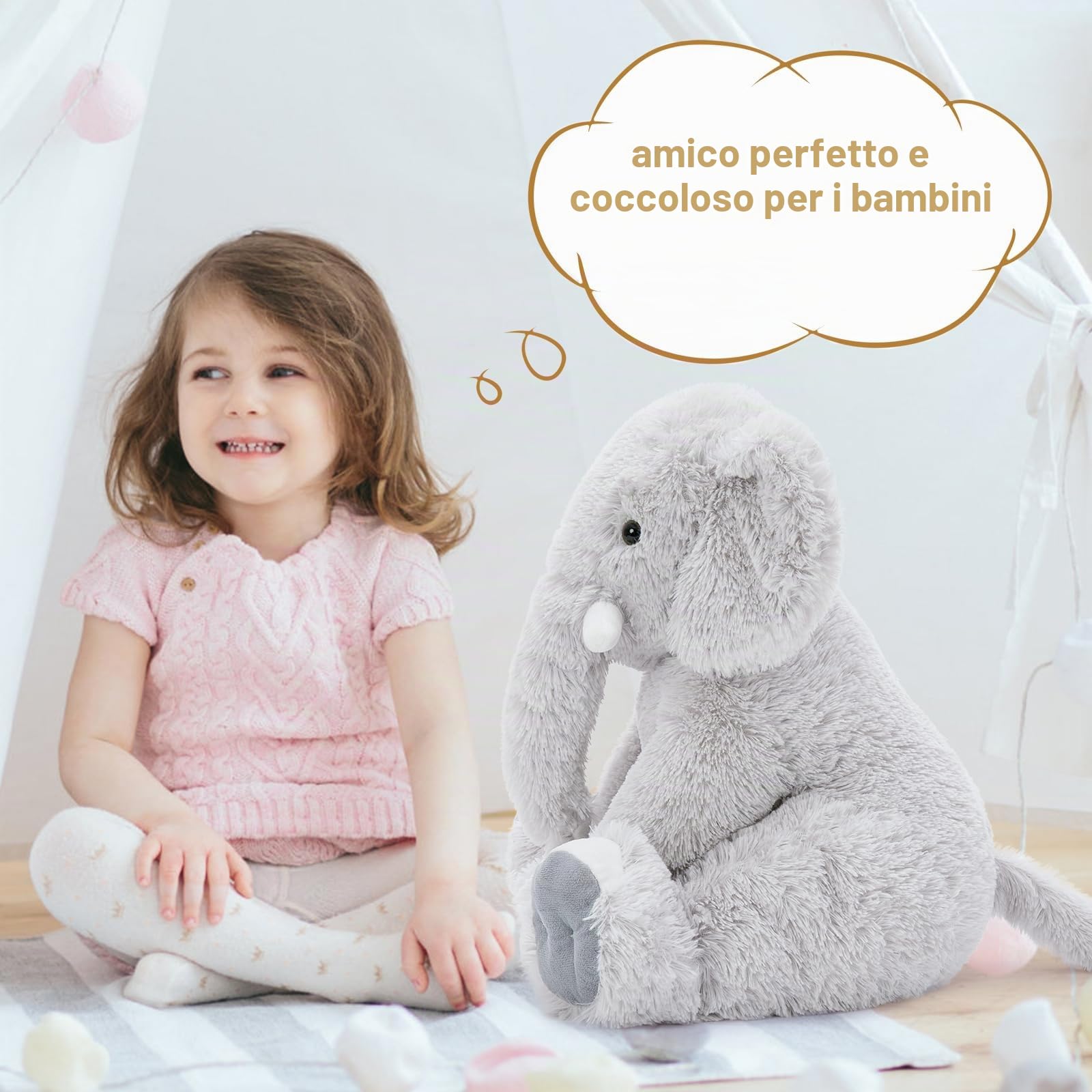 MorisMos Elefante Peluche Grigio Morbidi 50cm, Animali di Peluche Giocattolo Coccolosi Morbido per Bambini, Elefante Peluche Pupazzo Carino Regali per Ragazze Ragazzi Bambini (Grigio)