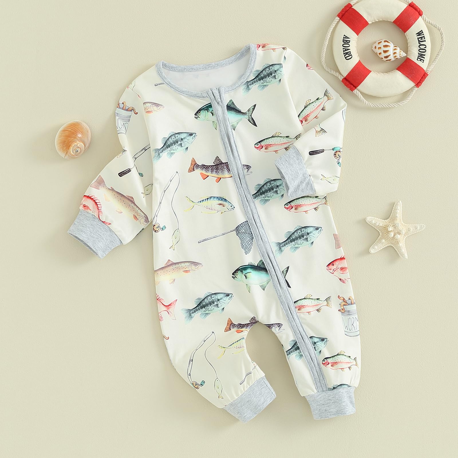 MAINESAKA Baby Boys Girls Fishing Outfit Infant Cotton Zipped Romper Summer One-piece Jumpsuit Newborn Coming Home Clothes (A Fish, 0-6 Months)
