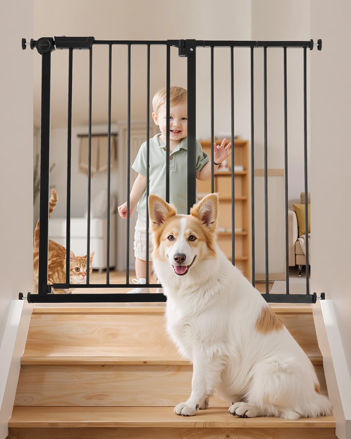 VEVOR Baby Gate, 26-40 Inches Adjustable Width, 36 Inches High Dog Gate, Easy Step Walk Thru, for Child Pet Security, Pressure Mount Kit, Wall Cups, One-Hand Open, for Stairs and Doorways, Black Black 26-40" Wide, 36'' High