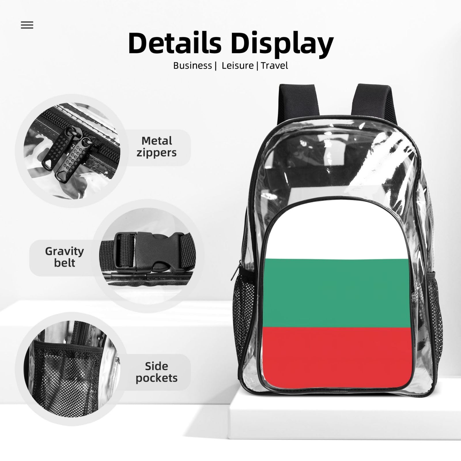 Bułgarska flaga nadruk unisex przezroczysty plecak zestaw 3-częściowy przezroczysty lunch piórnik podróżny na zewnątrz