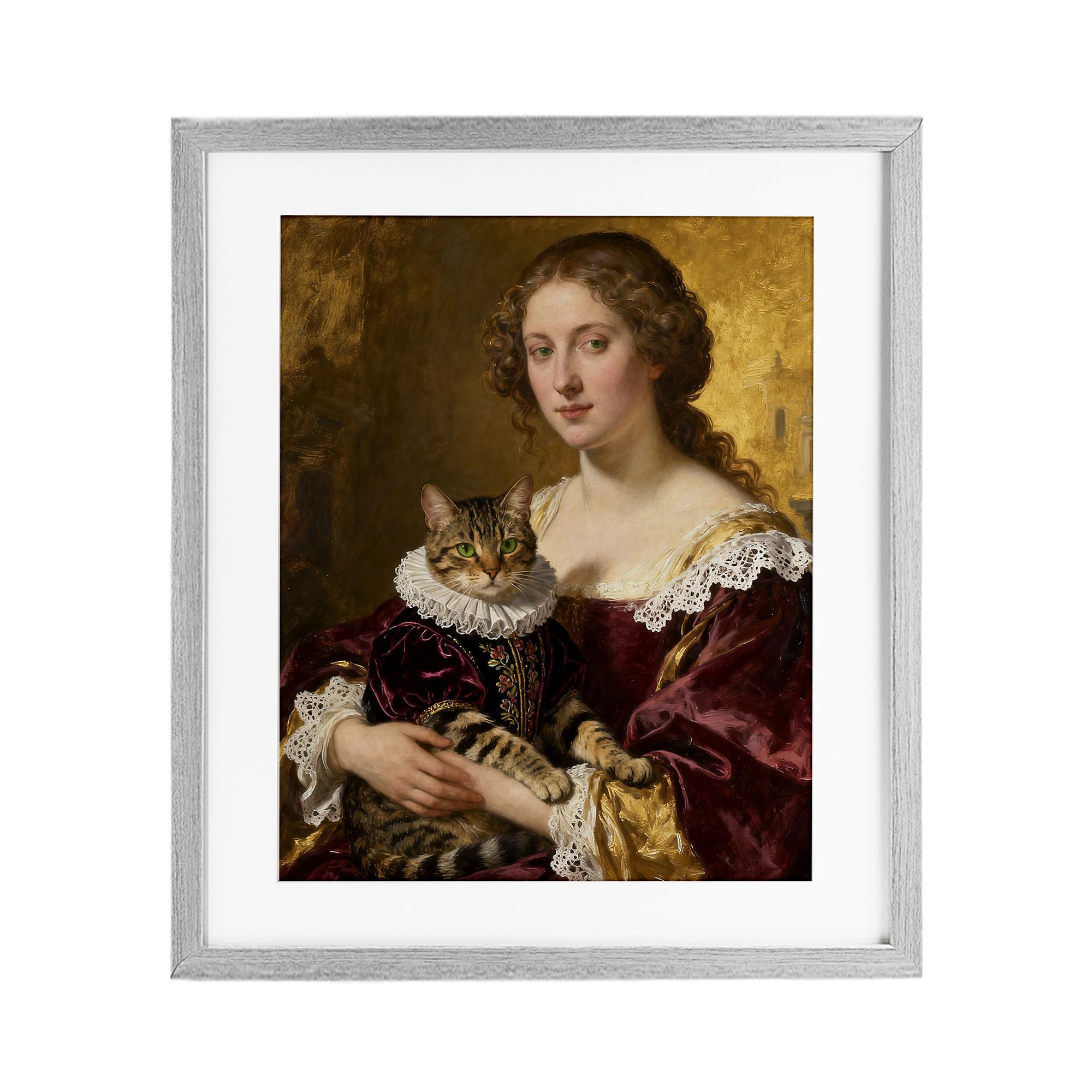 Stupell Industries Farmhouse Gray (Textured) 'Renaissance Lady With Regal Cat'| Framed Print Under Glass
